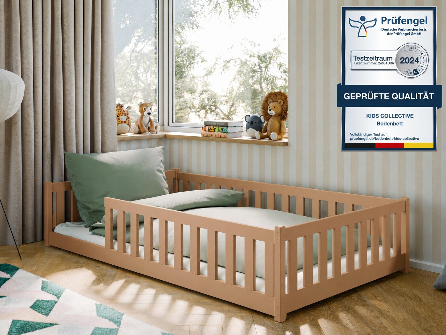 Kids Collective Kinderbett Bodenbett Bett mit Rausfallschutz & Lattenrost Montessori Bett Kinder (Jungen, Mädchen, Kinder, weitere Größen 80x160, 80x180, 90x190, 90x200, 140x200 cm), mit Matratze Jugendbett Einzelbett Zimt 120x200 cm