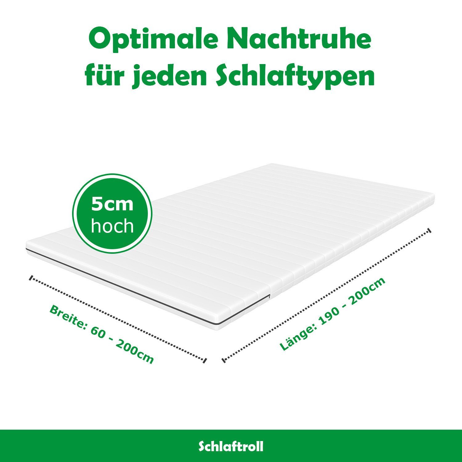 Schlaftroll, Topper Matratzentopper aus Kaltschaum, OEKO-TEX zertifiziert, 90x200 cm, 140x200 cm, 180x200 cm und weiteren Größen