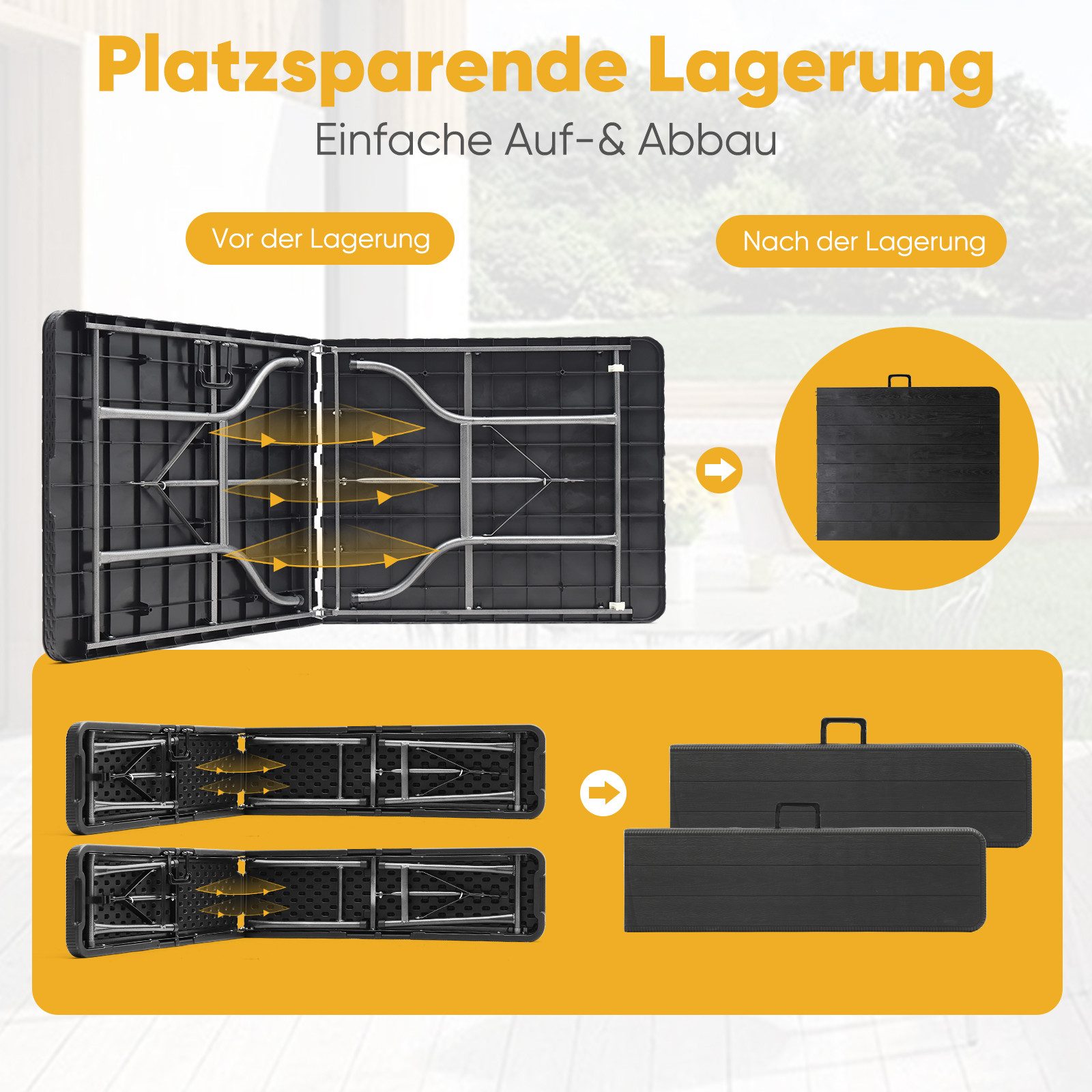 Sekey Bierzeltgarnitur 3-teilig Bierzeltgarnitur Klappbar Tragegriff 180cm Gartenmöbel, (3-tlg), 180cm Bierbänke und 2 Bierbänke, mit Holz und Rattan-Optik, Wetterfest