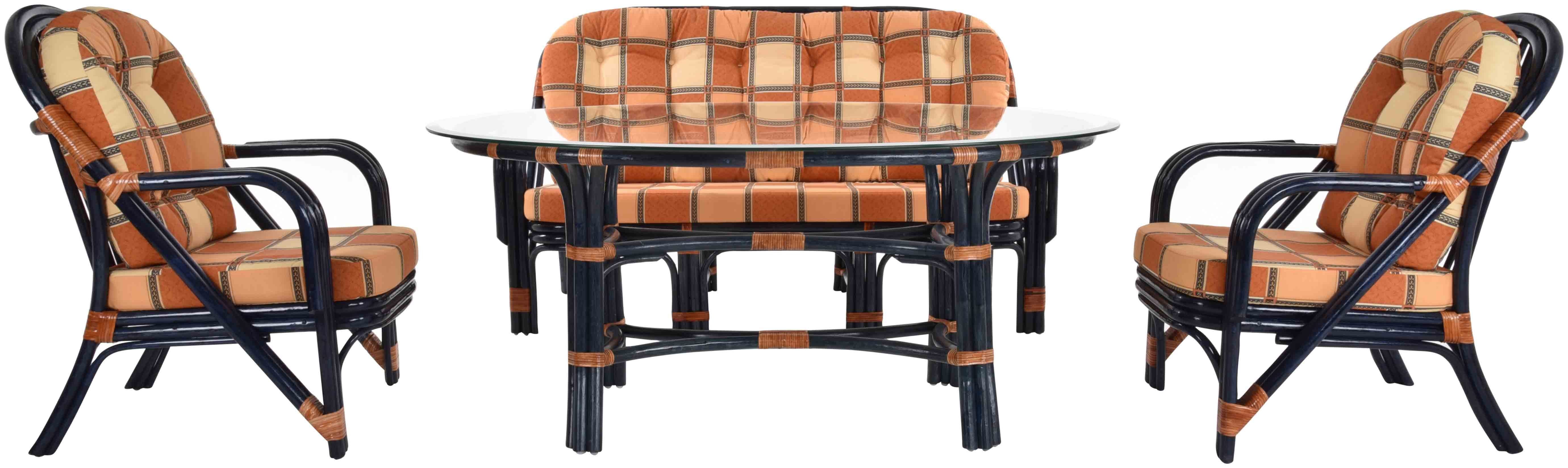 Krines Home Sitzgruppe Set/4 Rattanset Nicole Wintergarten Rattan Garnitur Wintergartenset, (4-tlg., 2x Sessel, 1x Zweisitzersofa, 1x Tisch mit Glasplatte), Rattangruppe Rattanmöbel Set