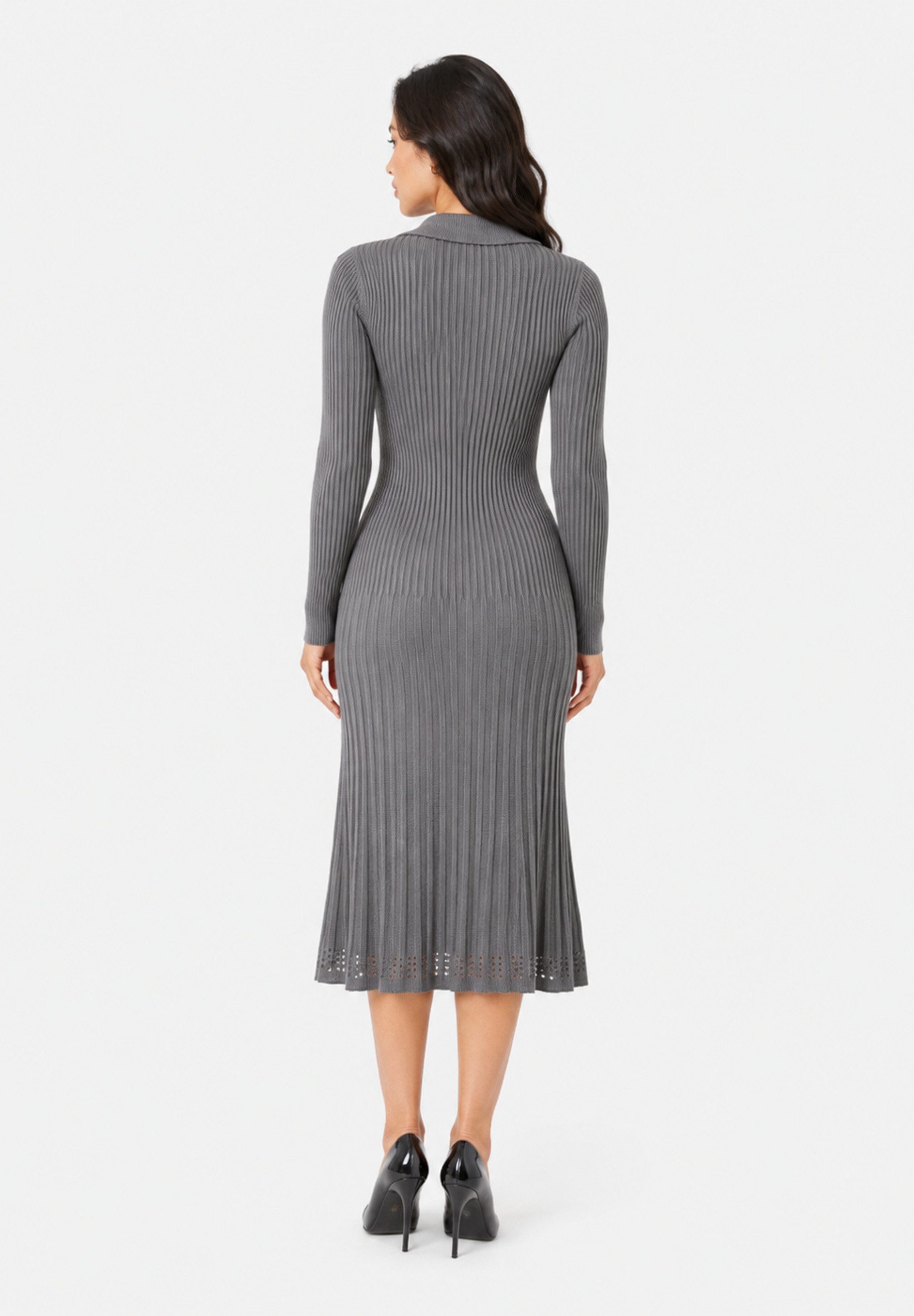Elara Maxikleid – Langes Damen Strickkleid mit Kragen und Zierknöpfen im Rippstrick – Bild 4 von 5