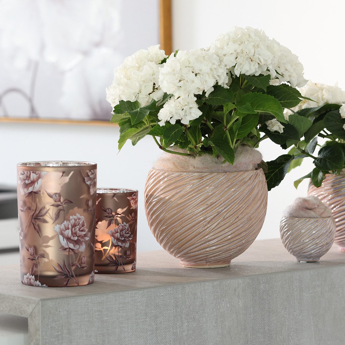 Florists Products Windlicht Windlicht Glas Braun Silber Rosa Pfingstrosen Dekoration H18cm
