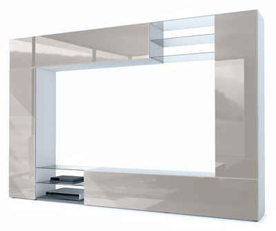 Vladon Wohnwand Mirage, (Anbauwand mit Rückwand mit 2 Türen, 4-St., 2 Klappen und 6 offenen Glasablagen), Weiß matt/Sandgrau Hochglanz (262 x 183 x 39 cm)