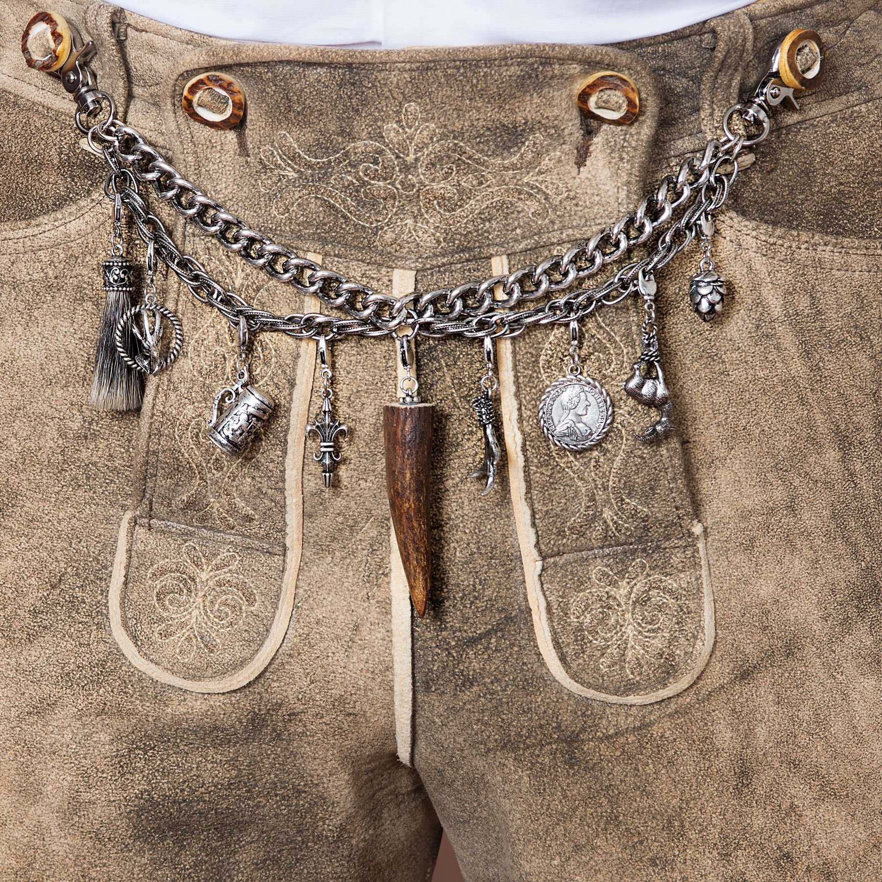 Herren Trachten Ursprungs Silber Bayern Accessoires Anhänger Moschen-Bayern - tierischen enthält Jagd echt Charivari Charivari Kette Trachtenlederhose Münzen Lederhosen Hirschhorn Teile Schmuck