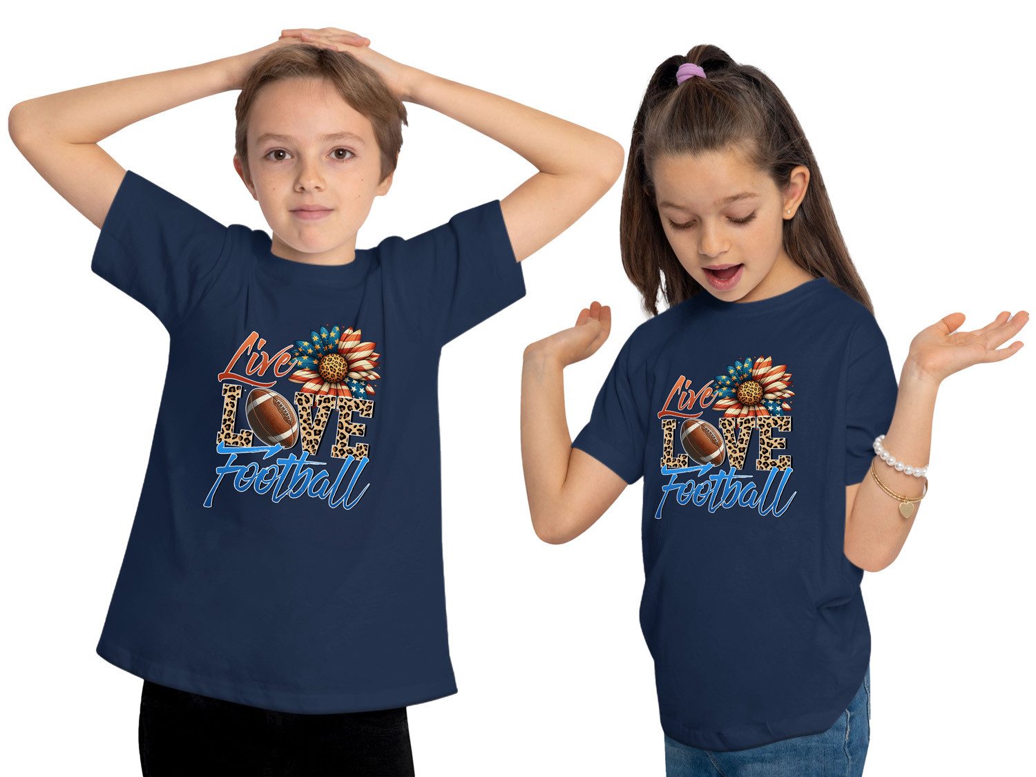 MyDesign24 T-Shirt Kinder Print Shirt Live, Love and Football Schriftzug Bedrucktes Jungen und Mädchen American Football T-Shirt i510