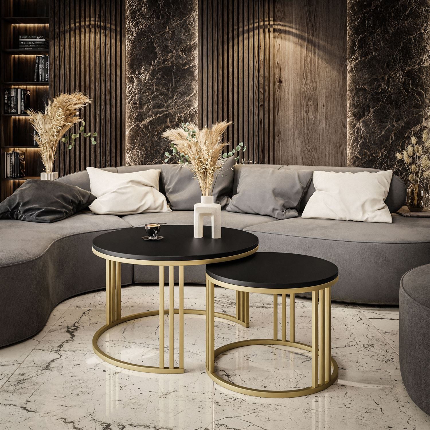 Lookway Couchtisch LORI 2in1 GOLD runder Couchtisch mit mattschwarz Platte (2er Set), Durchmesser: ⌀70 cm und ⌀50 cm