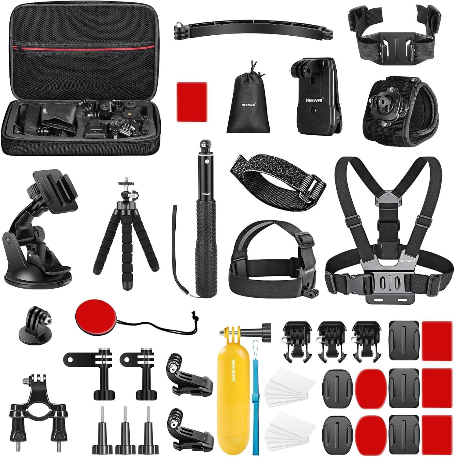 Neewer Kamerazubehör-Set GP-50 Action-Kamera Zubehörset 51 Stk., mit Flexibles Stativ, (Packung), Selfie-Stick, Gurte für Kopf und Brust, für GoPro DJI Insta360