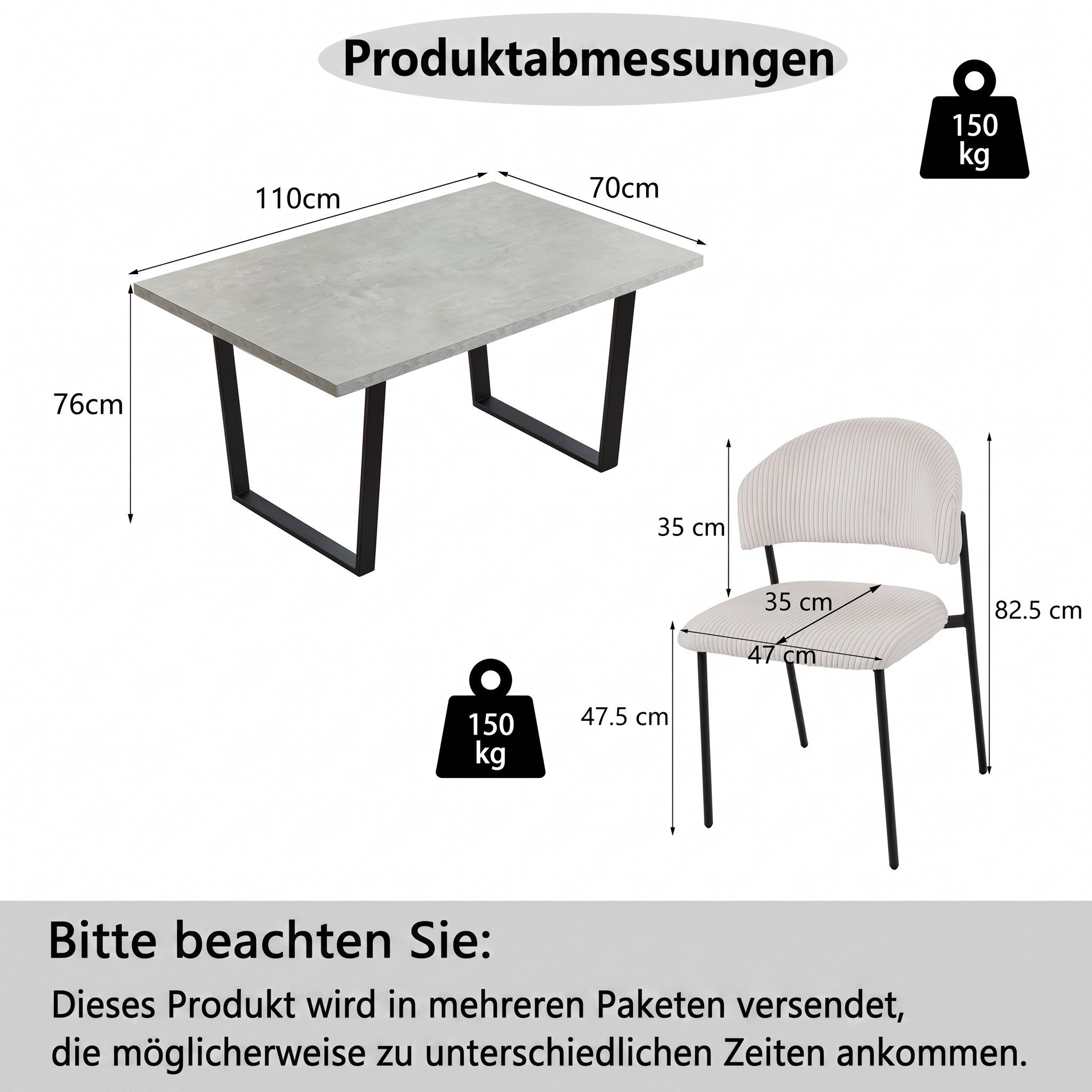 Jiexi Essgruppe Essgruppe 110x70cm MDF-Platte fix Tisch mit Cord-Polsterstühlen