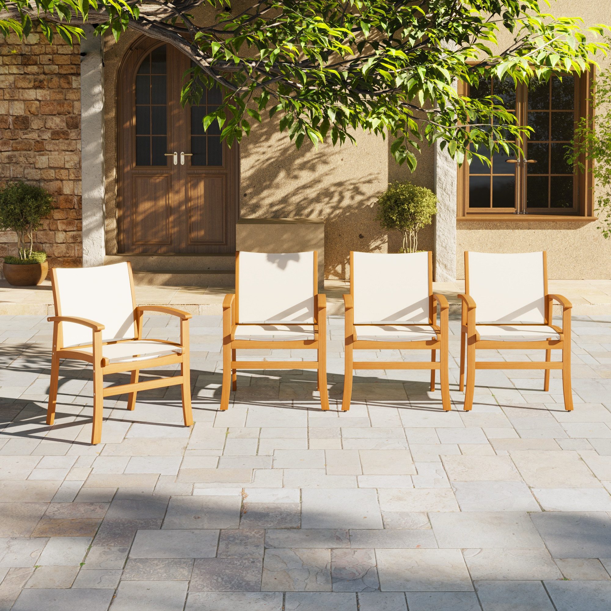 Sunsitt Gartenstuhl Holz Gartenstühle (Akazienholz Essstühle), Atmungsaktivem Textilene-Gewebe für Garten & Terrasse,4-tlg Weiß