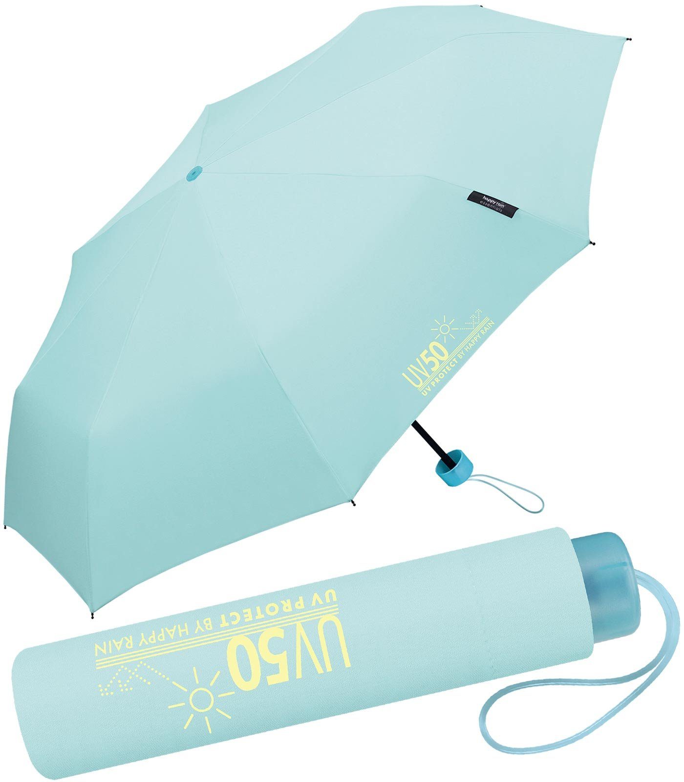 RAIN Taschenregenschirm vor HAPPY Sonne Super-Mini-Schirm blau UV-Protect schützt und Regen mit Sonnenschutz, UV50
