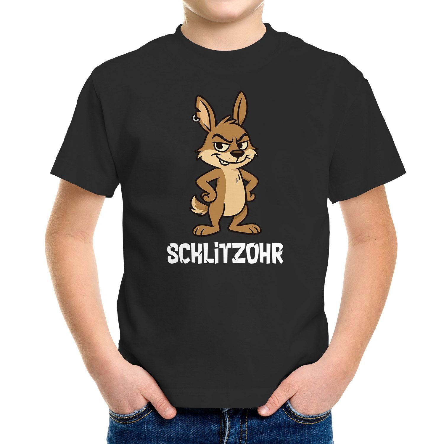 Print-Shirt Kinder T-Shirt Jungen Schlitzohr Lustiges Hasenmotiv Comic Shirt für