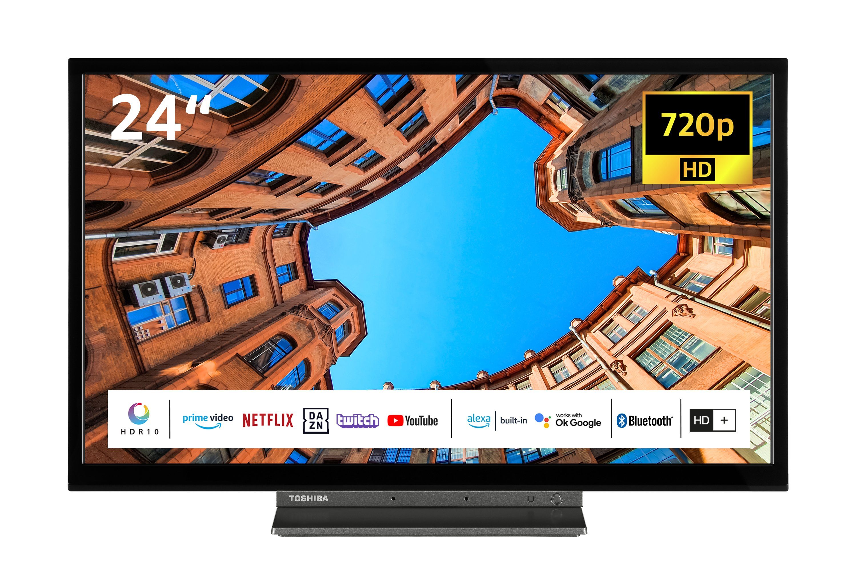 inklusive) Built-In, HD+ HDR, Toshiba LCD-LED Smart HD-ready, 24WK3C63DAY/2 Fernseher TV, Triple-Tuner, cm/24 Zoll, Alexa Monate (60 6