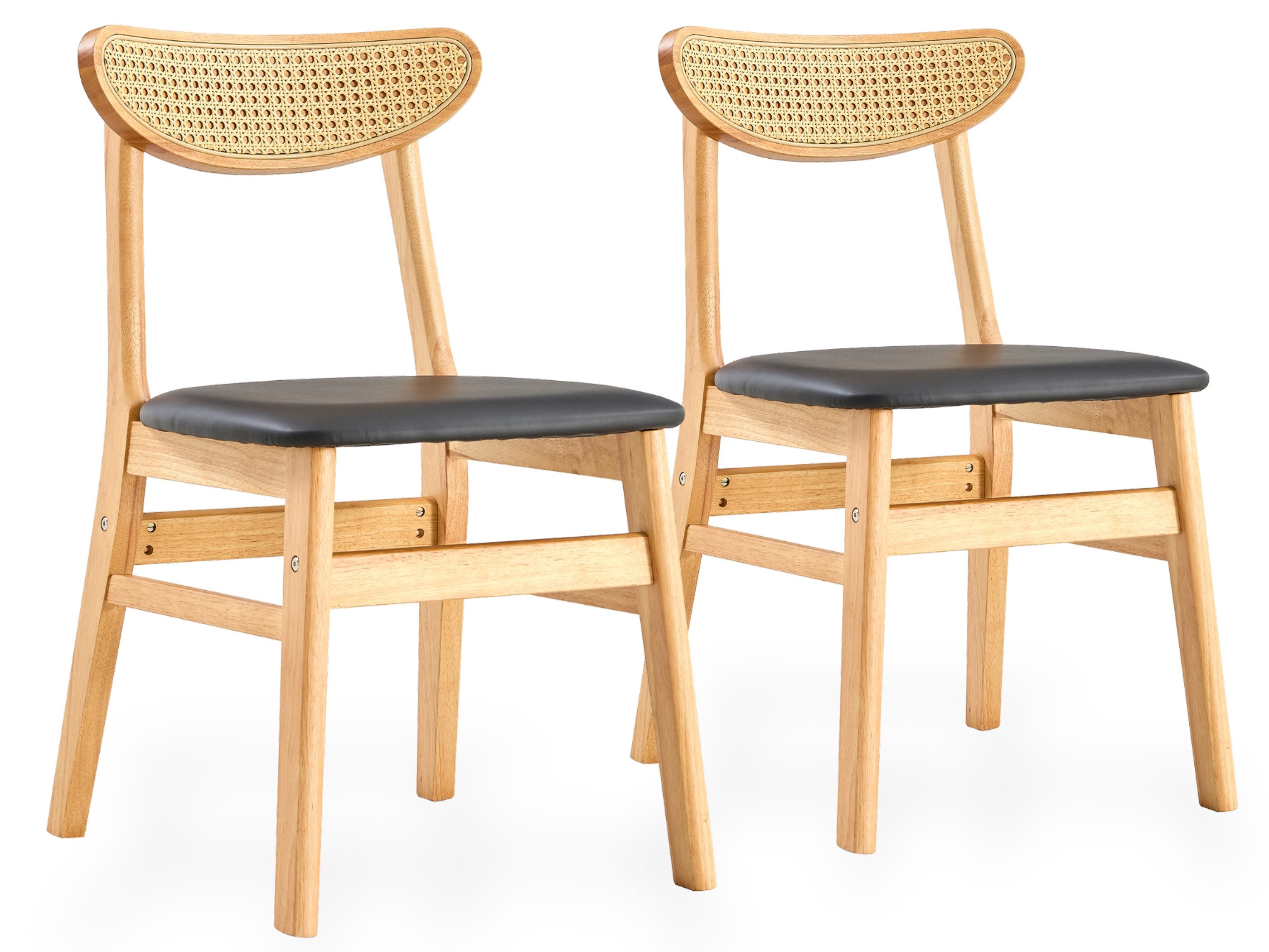 SeedWave Esszimmerstuhl 2er Set Küchenstuhl mit Rückenlehne in Rattanoptik, Kunstlederbezug, Massivholzstuhl im Skandinavischem Design