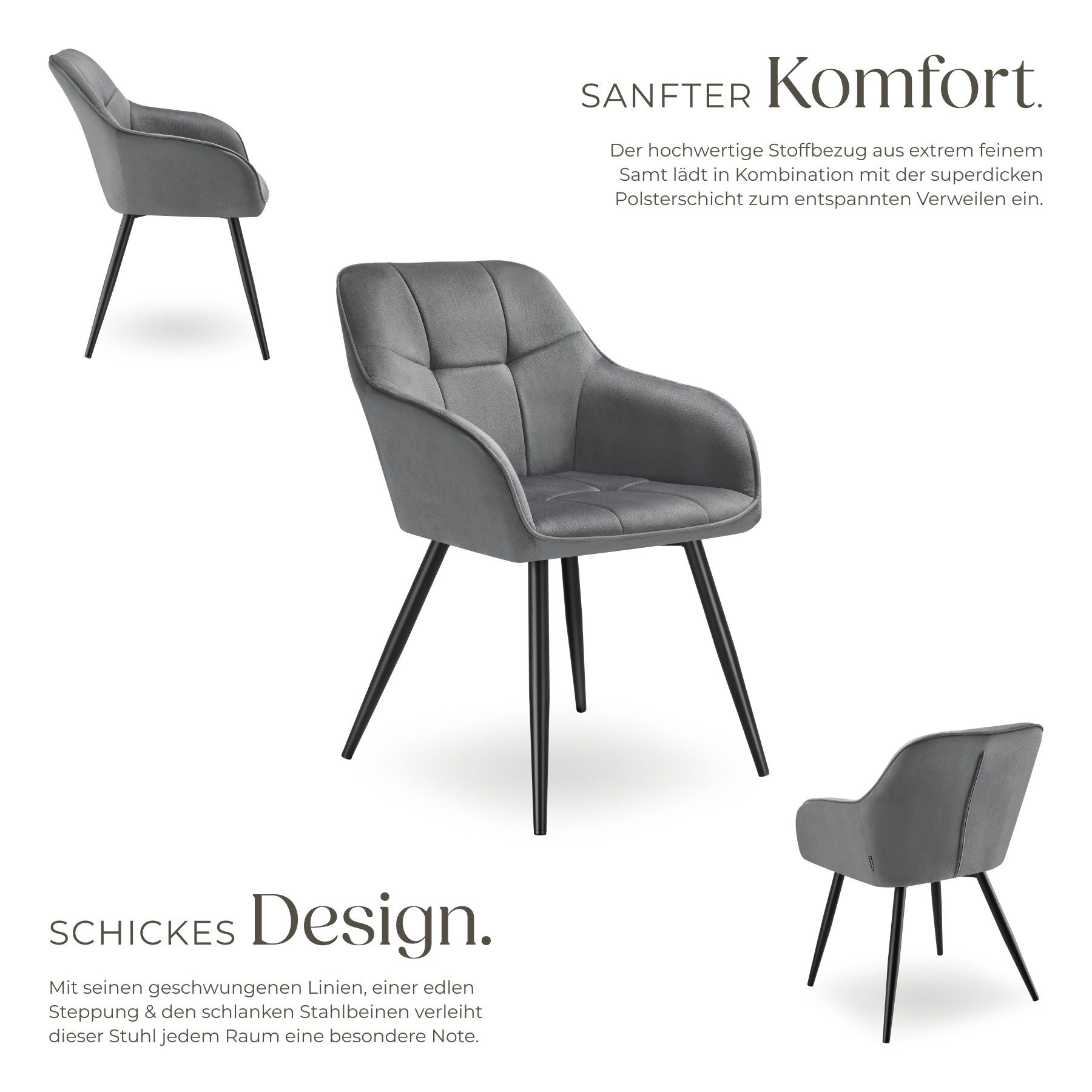tectake Esszimmerstuhl Polstersessel gepolstert, in Samtoptik, gesteppt, 58 x 62 x 82 cm (Küchenstuhl Marilyn in grau/schwarz, 6 St), durchgehende Lehne, Stahlbeine, bodenschonend, Belastbarkeit 120 kg