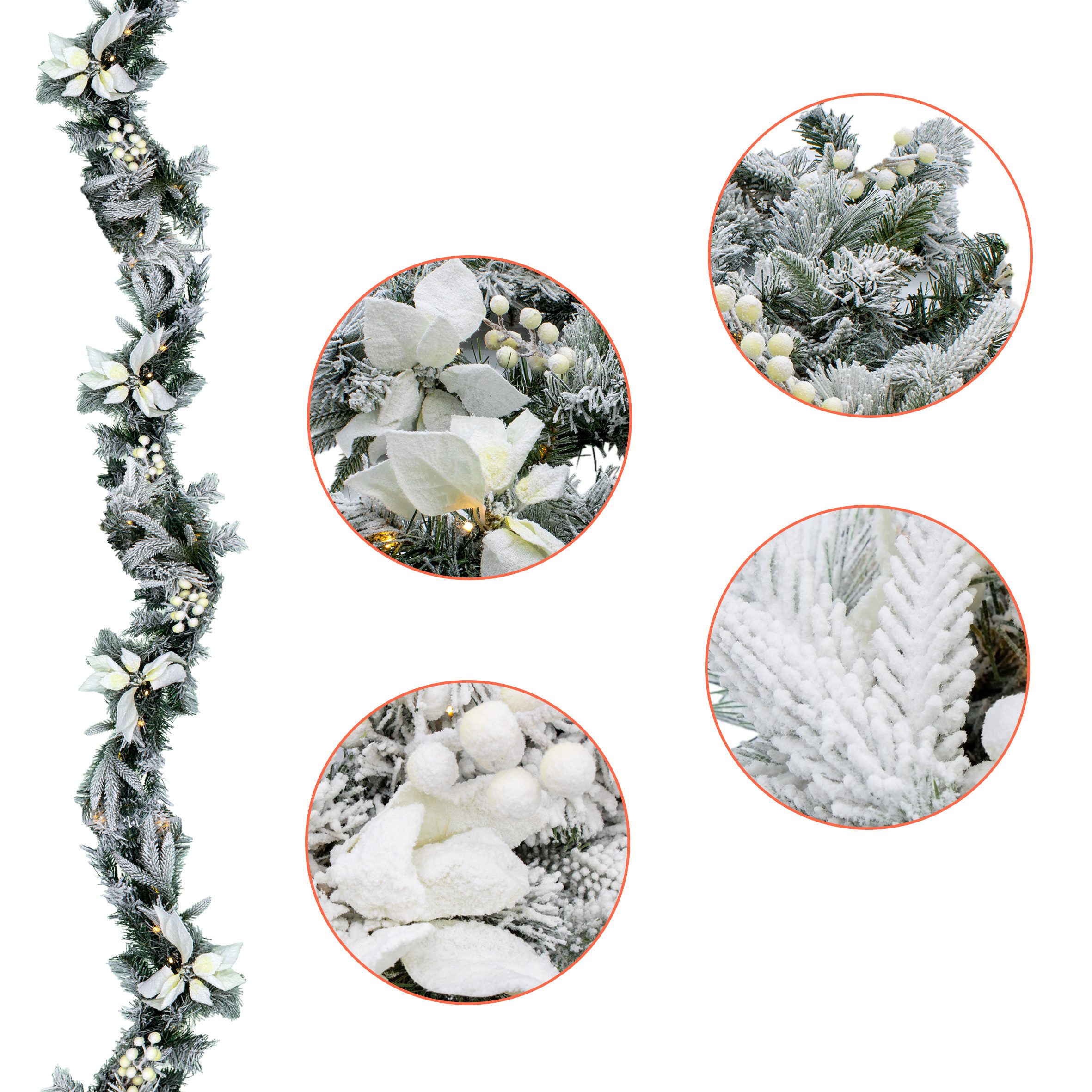 Spetebo Girlanden Weihnachtsgirlande oder -Kranz mit Schnee und weißen Blumen (1-tlg), mit Timer Funktion – Bild 4 von 5