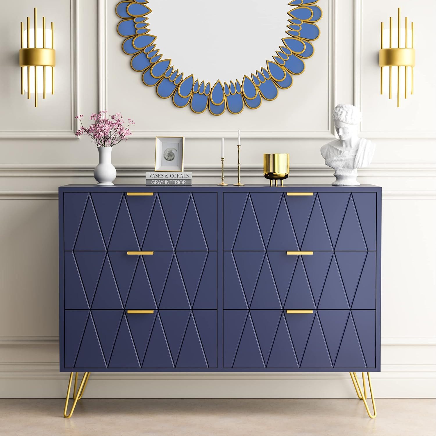 UEV Kommode mit 6 Schubladen, Sideboard für Schlafzimmer Wohnzimmer (100 x 34 x 73 cm Mehrzweckschrank mit gold Fuß, Highboard, Sideboard mit Schubladen, Schmal kommode), Küchenschrank Buffet TV Board Schrank mit Füße Aufbewahrungsschrank