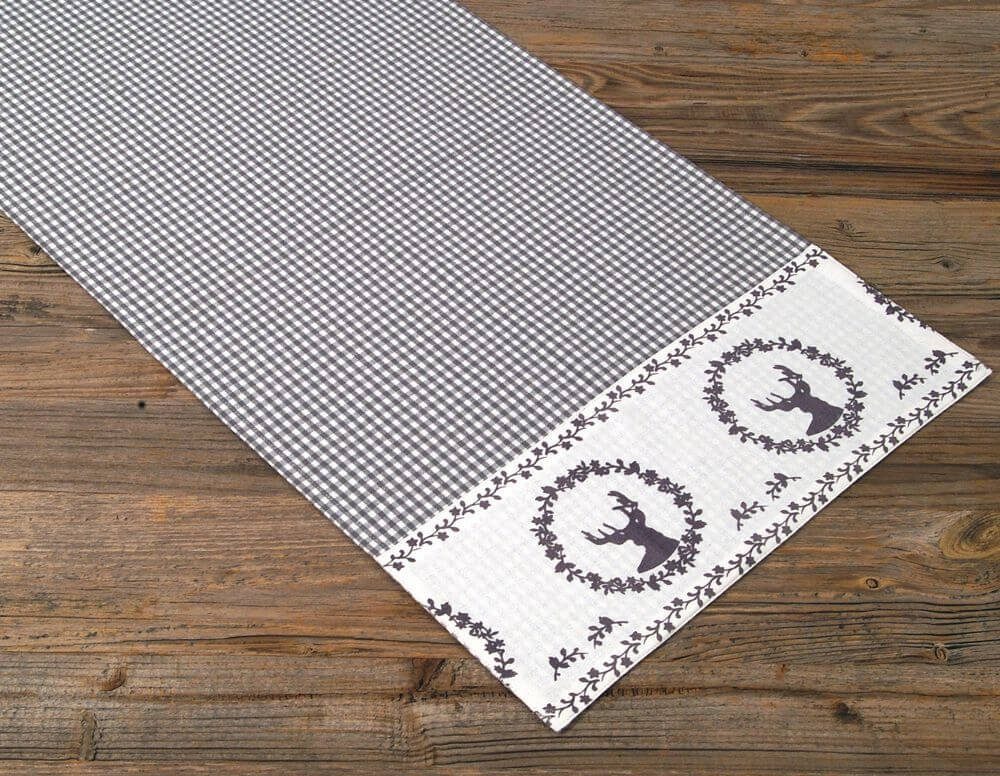 matches21 HOME & HOBBY Tischdecke Tischläufer RESI Hirsche kariert grau, 100 % Baumwolle, in 48x100 cm (1-tlg), Pflegeleicht waschbar bis 30° Grad
