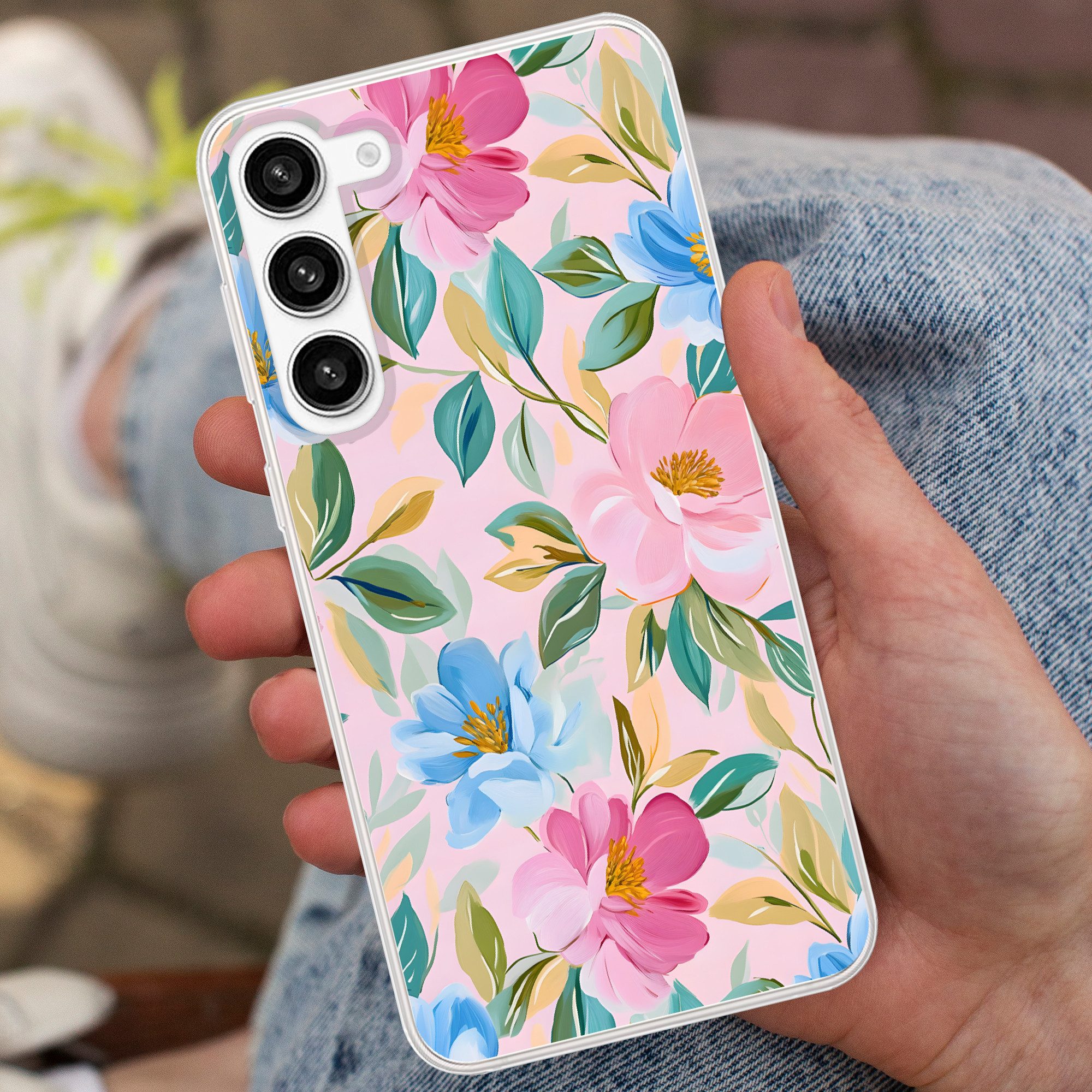 MuchoWow Handyhülle für Samsung Galaxy S23 Plus Blau - Rosa - Blumen, Phone Case, Silikon, Schutzhülle Dünn