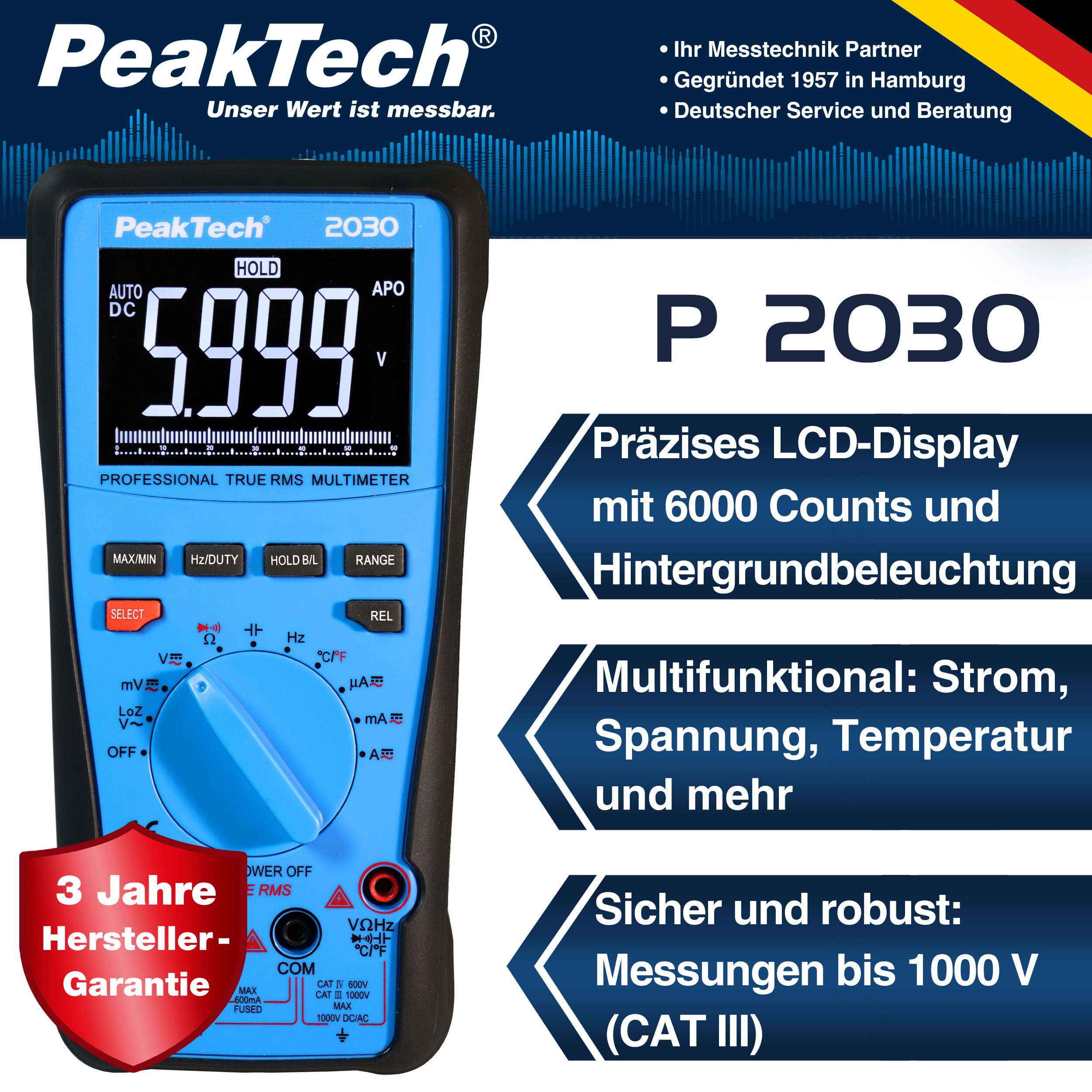 PeakTech Multimeter True RMS 1000 V Digitalmultimeter 6000 Counts, USB