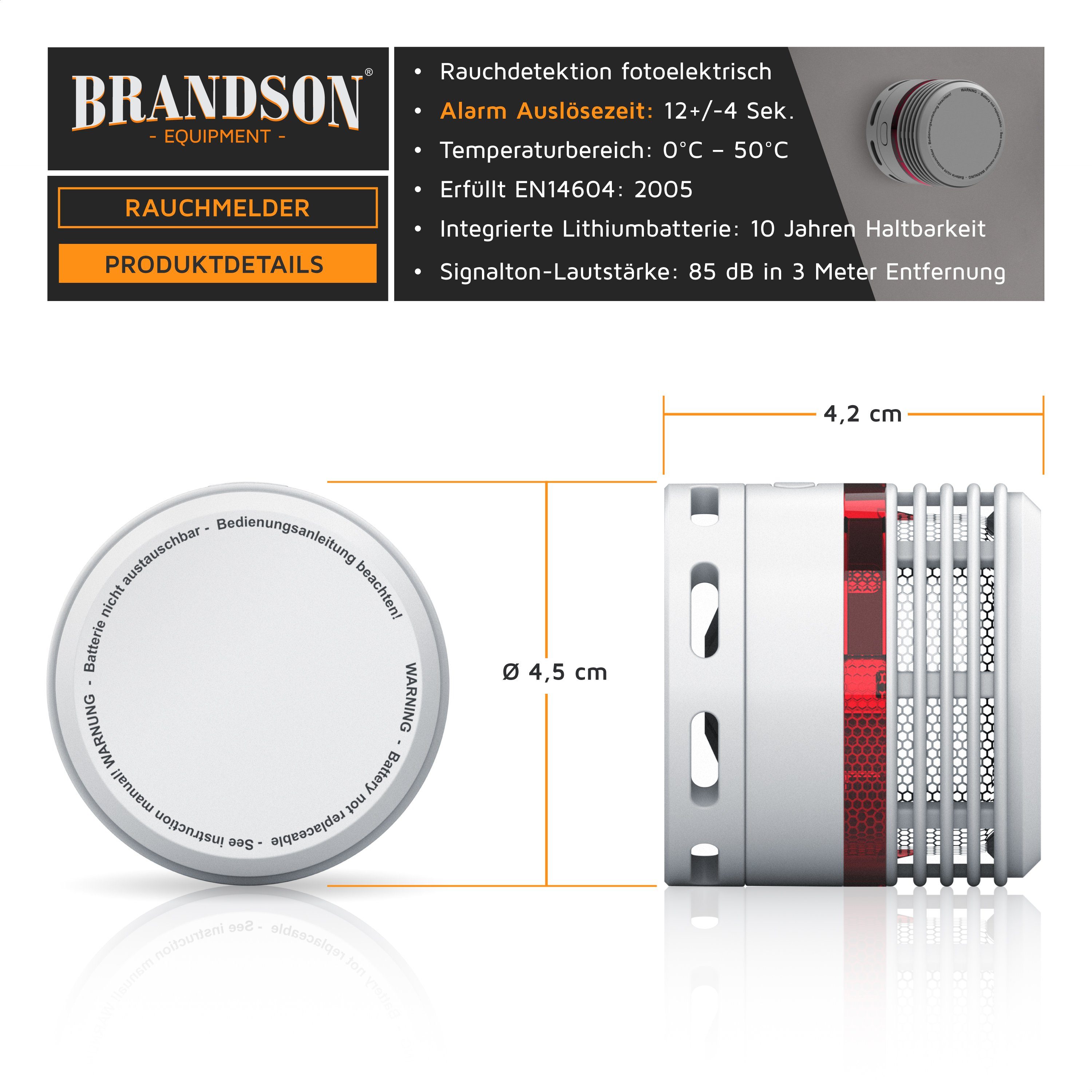 Brandson Rauchmelder (10 Jahre Batterie, Lautstärke 85 db, LED, Prüftaste, TÜV Zertifiziert)