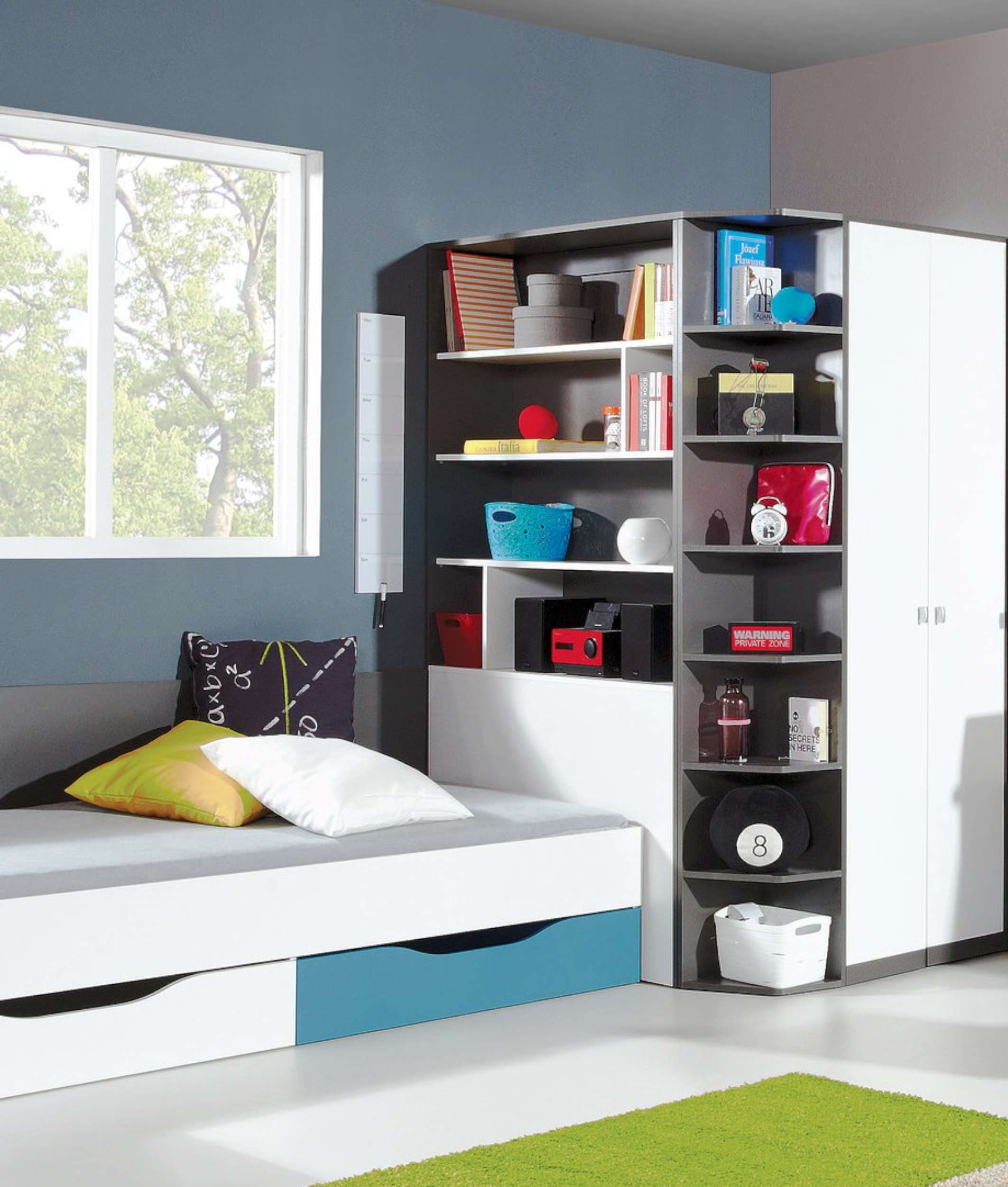 Graphit (Kinderschrank, Spanplatte, Lator Weiß Stauraum, mit 18 Design Kinderkleiderschrank FSC-Zertifizierung, Mehrzweckschrank) und Schubladen, Modern Stylefy Fächern viel