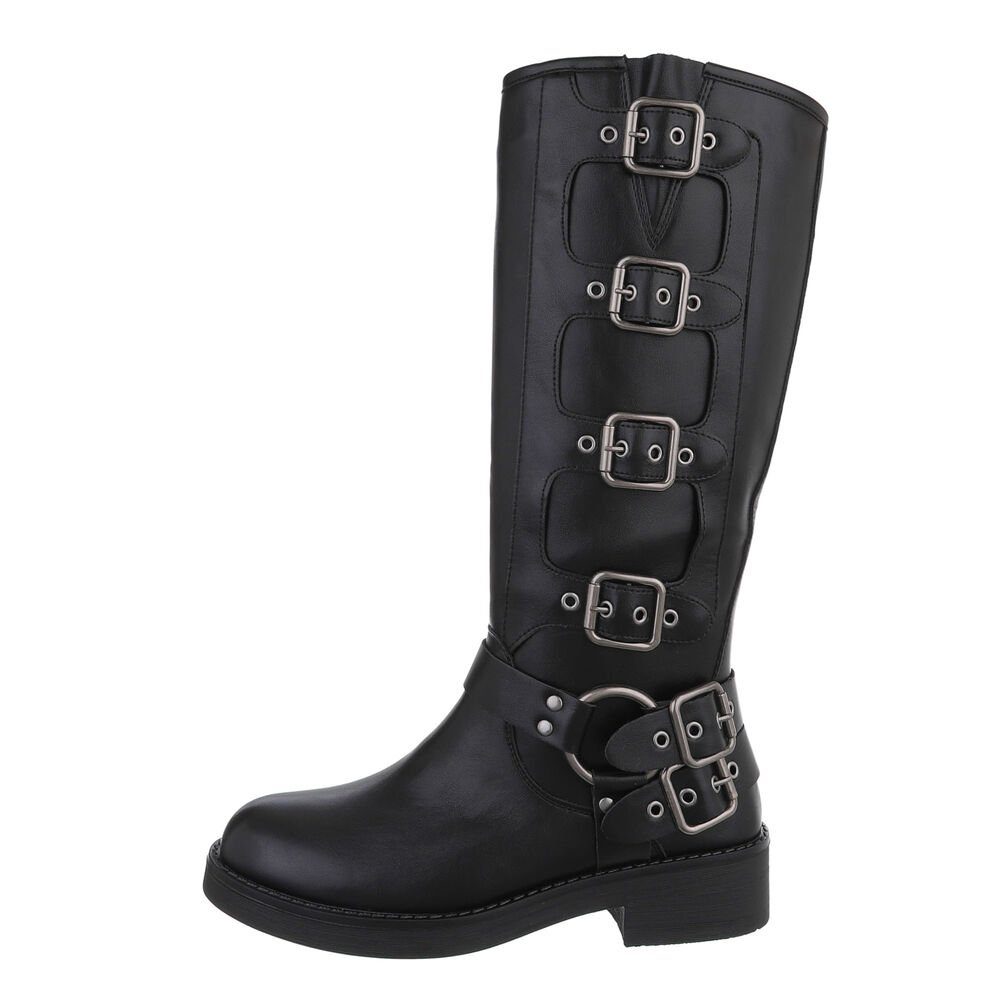 Ital-Design Damen Bikerschuhe Biker Westernstiefel Blockabsatz Flache Stiefel in Schwarz