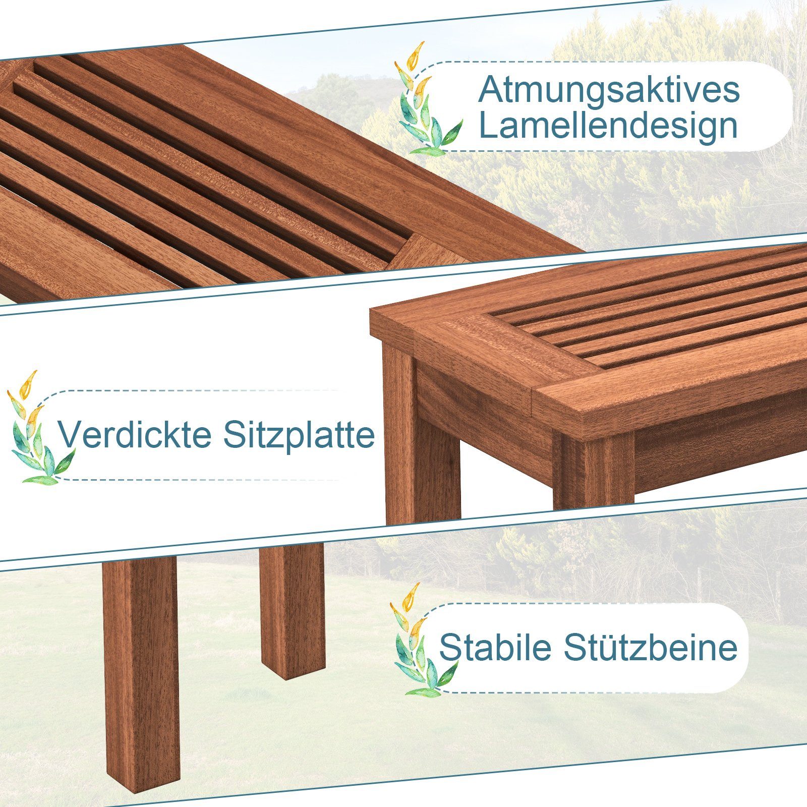 COSTWAY Gartenbank (2-St), wetterfest, 2-Sitzer Massivholz, ohne Rückenlehne, 100cm