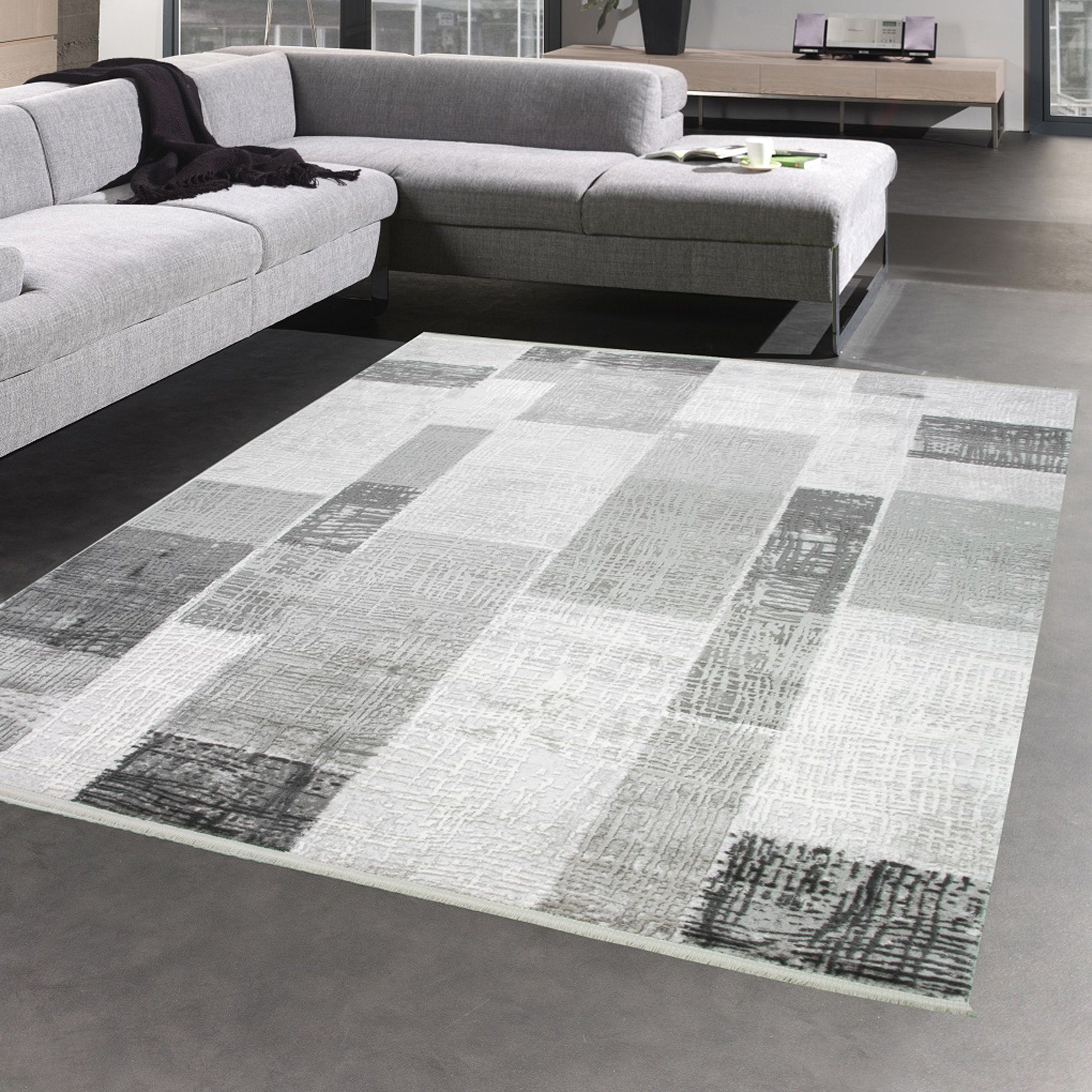Teppich Designer Wohnzimmerteppich Wolle in Grau Creme