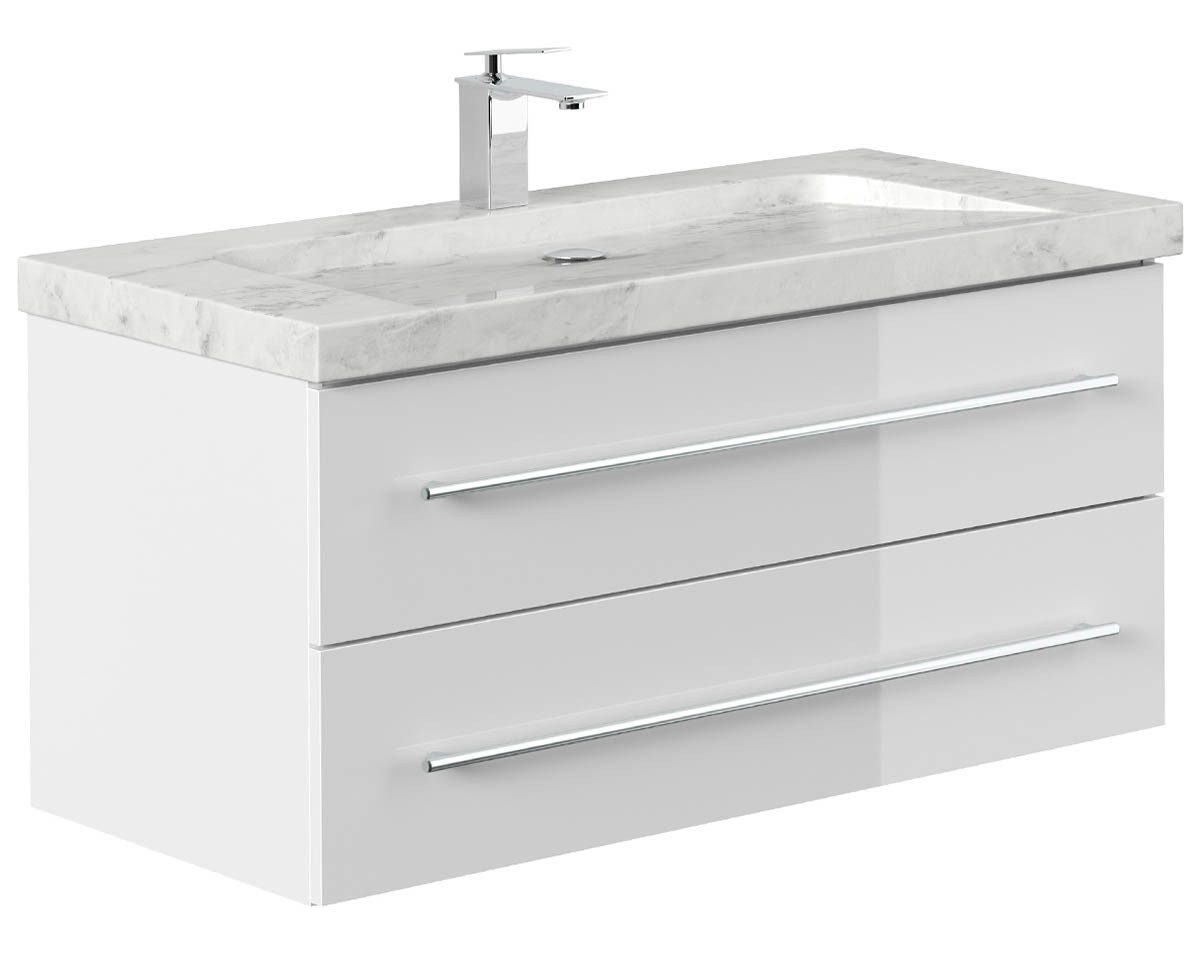 Posseik Waschtisch-Set Badmöbel Waschtisch NATURE 100cm, Marmor-Waschbecken, weiß hochglanz, (Badmöbel Set, 1-St., Waschtisch Set)