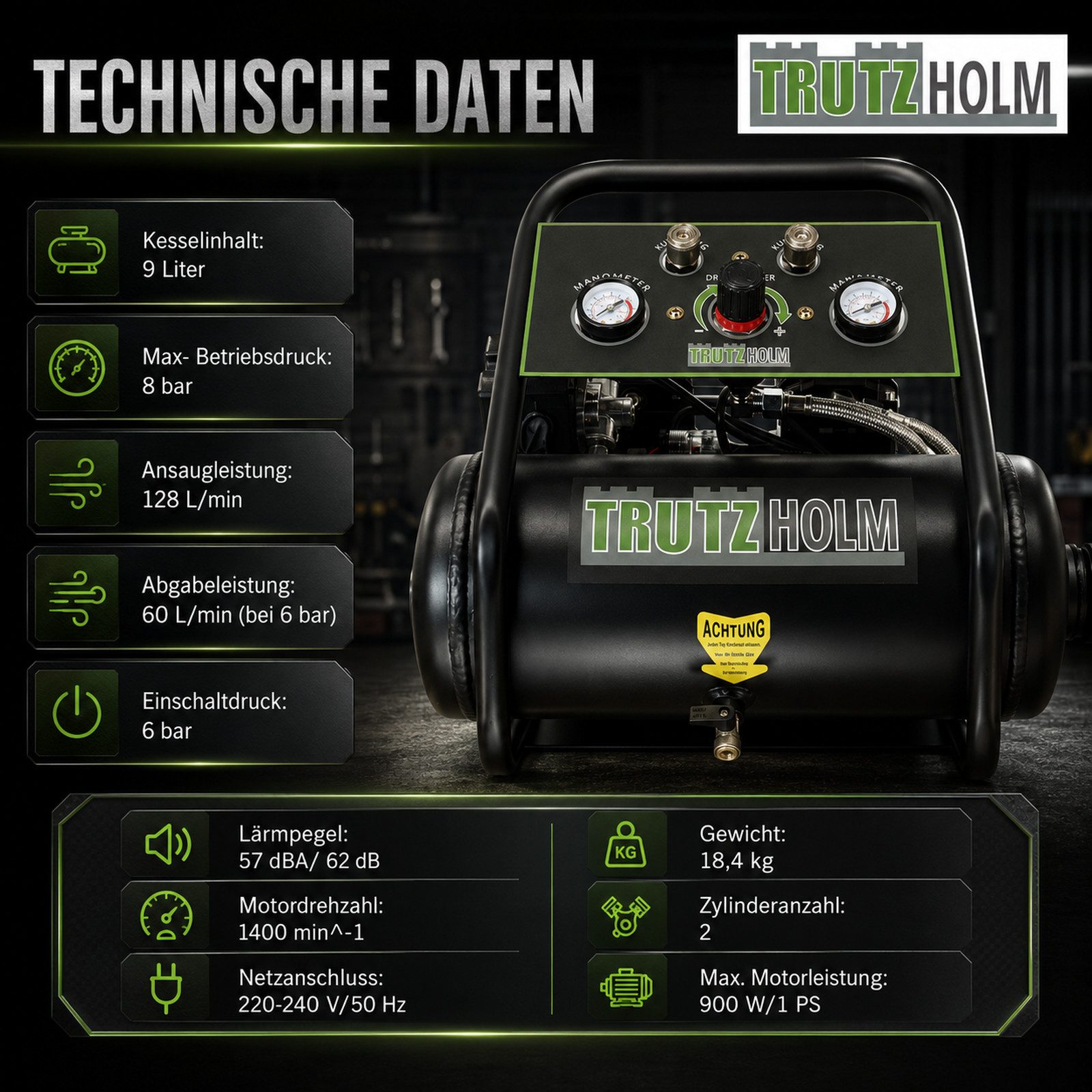 TRUTZHOLM Kompressor Brushless Silent Flüsterkompressor 9L – 900 W,62dB,8 bar inkl. Zubehör, max. 8 bar, 9 l, Komplett-Set