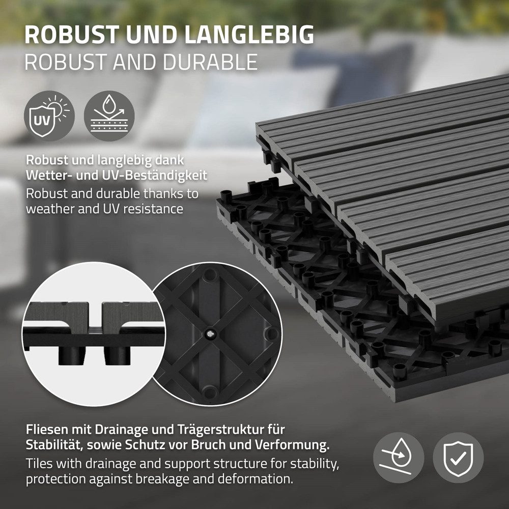 ECD Germany Terrassendielen WPC Bodenplatte Terrassenfliesen Fliesen mit Drainage und Klicksystem, BxL: je 30x30 cm, 22 mm Stärke, Bodenbelag 1m²/11 Stück Anthrazit rutschfest Balkonfliesen