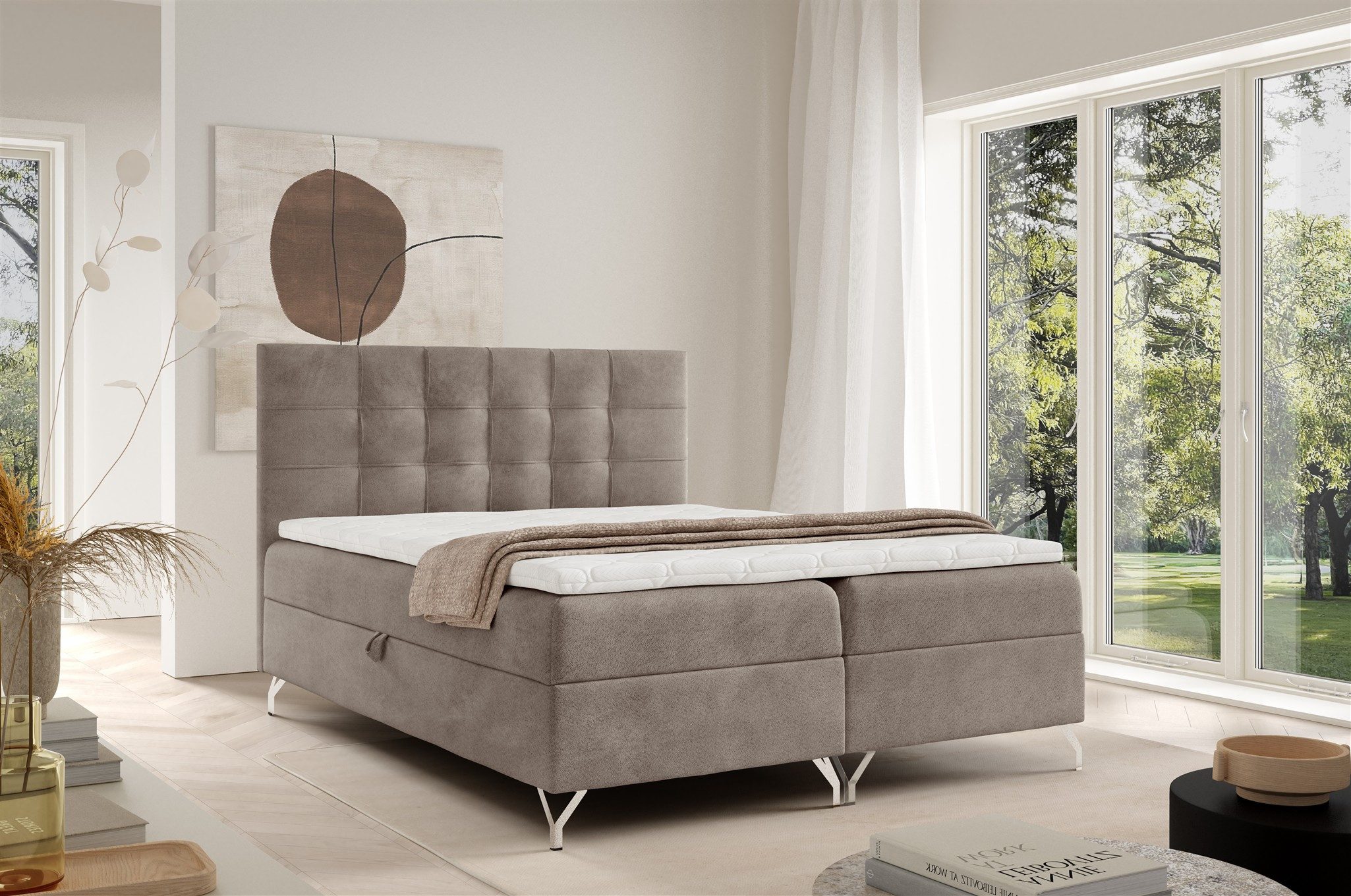 Fun Möbel Boxbett Schlafzimmerbett MERSIN PREMIUM Überlänge in Strukturstoff Coral (mit Taschenfederkernmatratzen, auch mit Bonellfederkernmatratzen erhältlich), inkl. 2 x Bettkasten