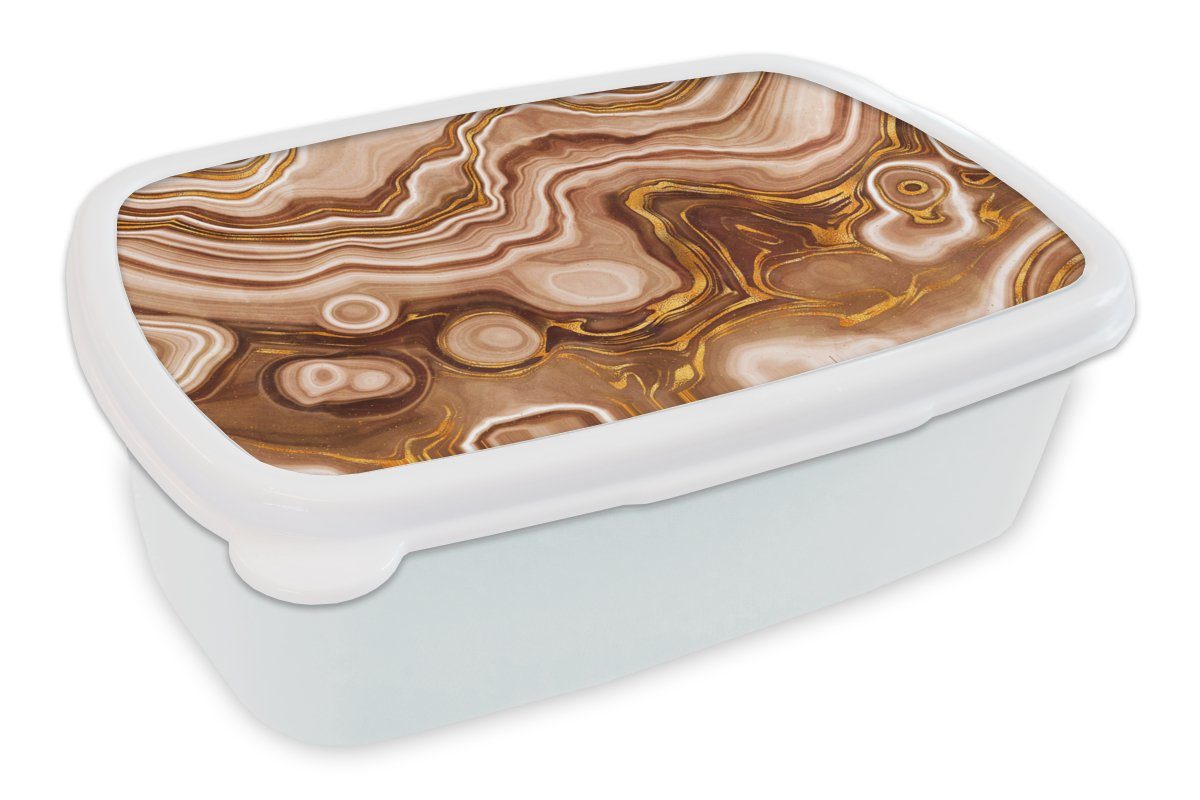 MuchoWow Lunchbox Gold - Achat-Geode - Steine - Braun, Kunststoff, (2-tlg), Brotbox für Kinder und Erwachsene, Brotdose, für Jungs und Mädchen weiß