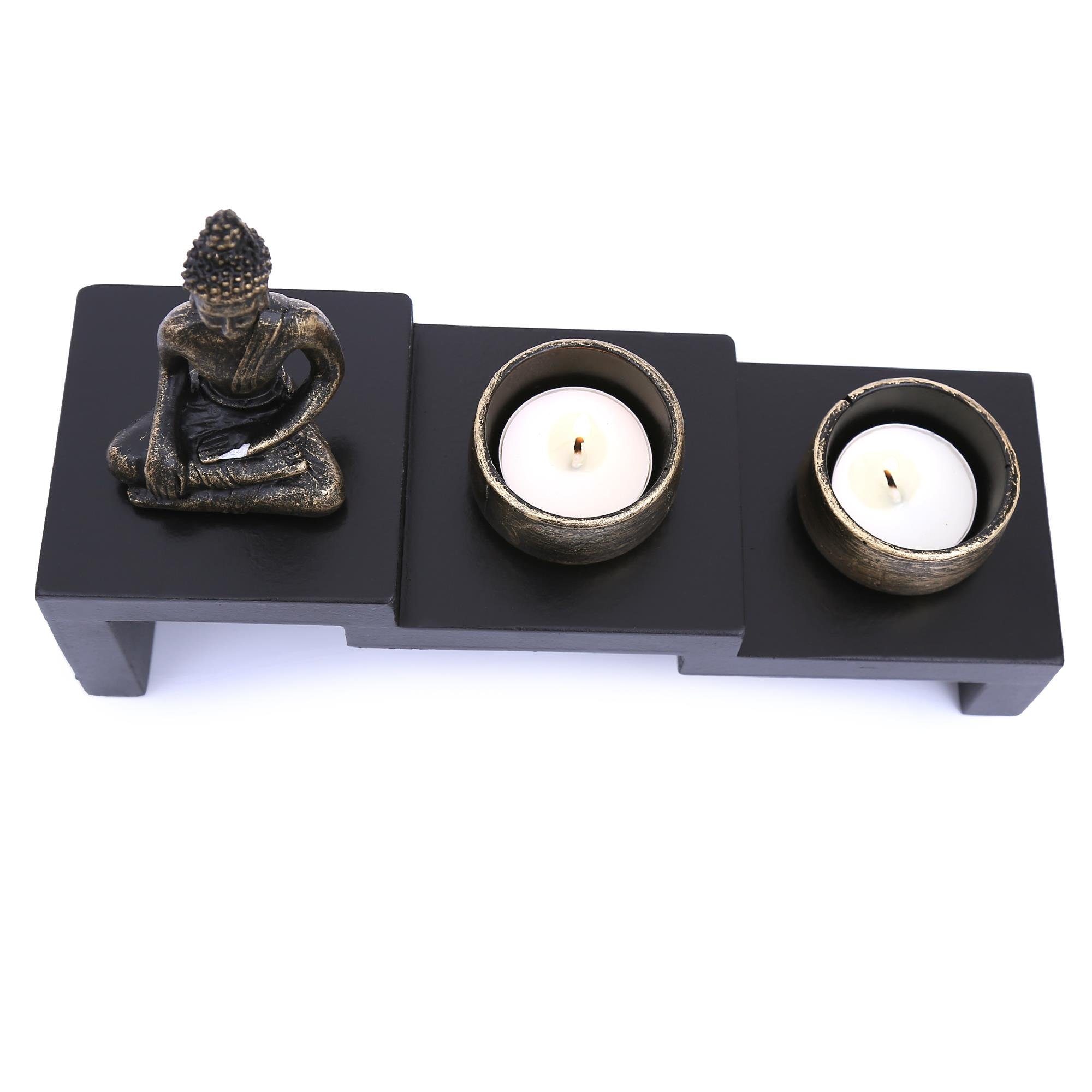 Teelichtern), - Teelichterhaltern Mini (Set, und 2 Figur Zen Set Statue, Buddhafigur Naturholz Buddha Garten Garten Esotherik mit Kerzenhalter 2 Flanacom Buddha