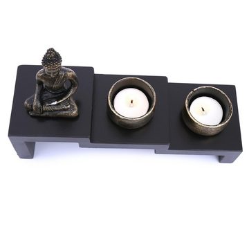 Flanacom Buddhafigur »Zen Garten Buddha Figur - Mini Garten Kerzenhalter« (Set, mit Buddha Statue, 2 Teelichterhaltern und 2 Teelichtern), Naturholz Esotherik Set