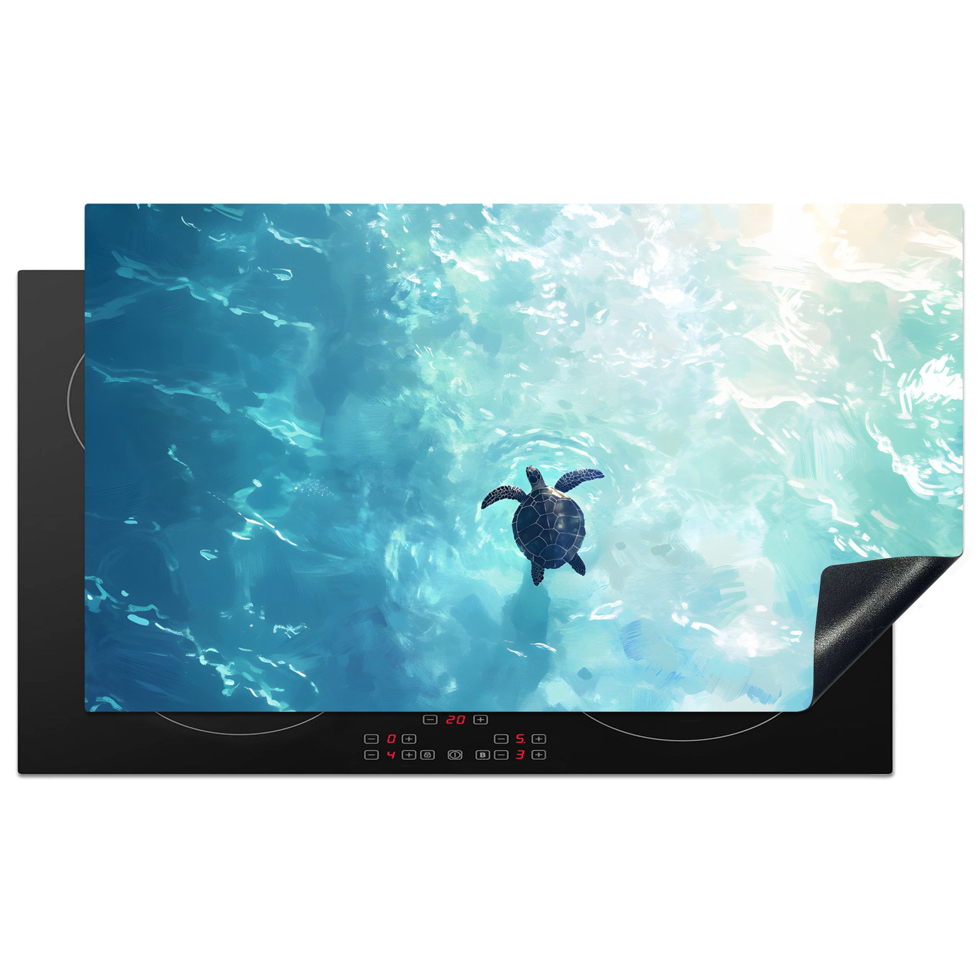 MuchoWow Herd-Abdeckplatte Schildkröte - Meer - Blau - Glitzern, Vinyl, (1 tlg), Herdabdeckplatten für Ceranfeld, Induktionsschutz, 90x52 cm