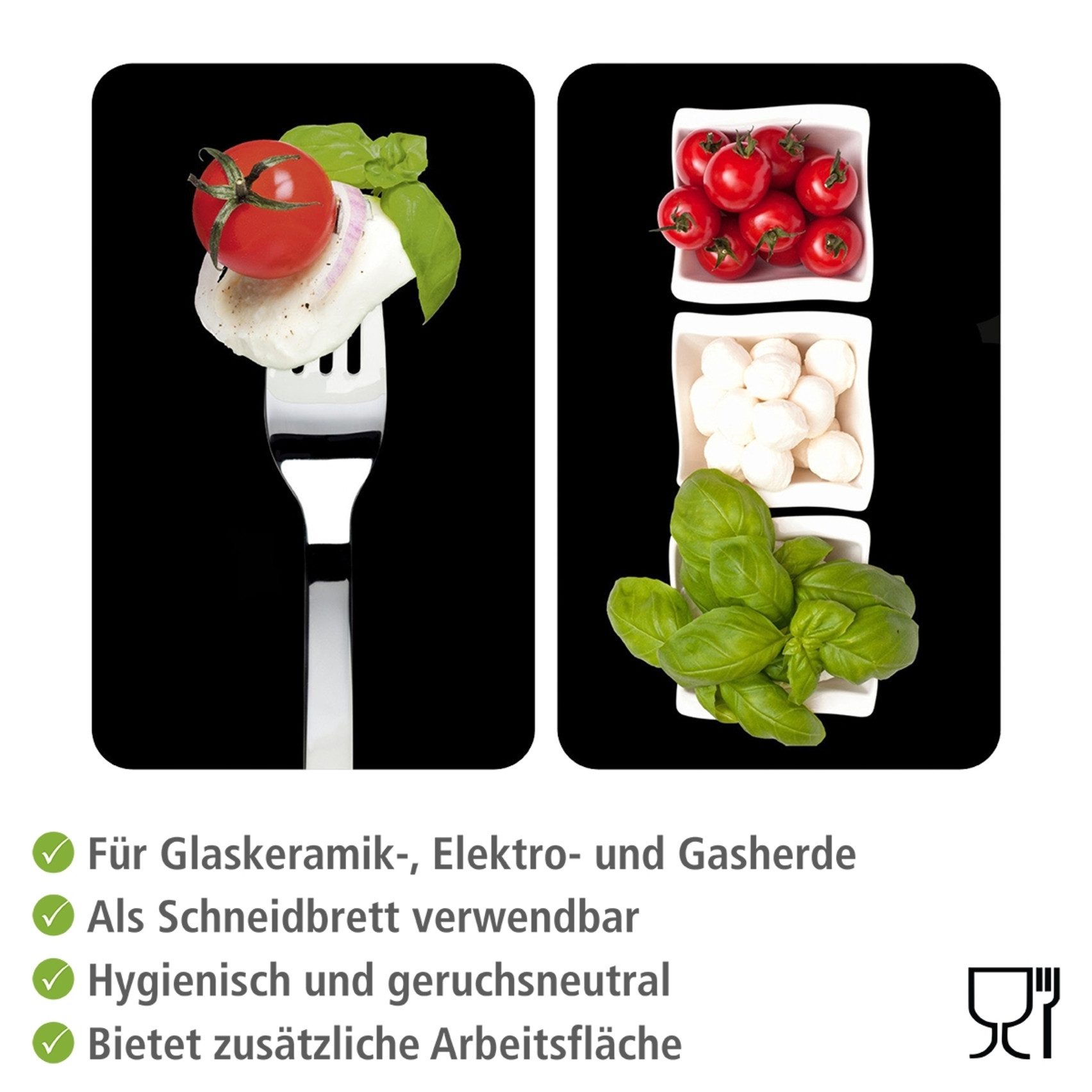 WENKO Herd-Abdeckplatte Universal Modell Caprese, Glas, (Set, 2 tlg), Herdabdeckung für alle Herdarten, kratzfest, mit rutschfesten Füßen