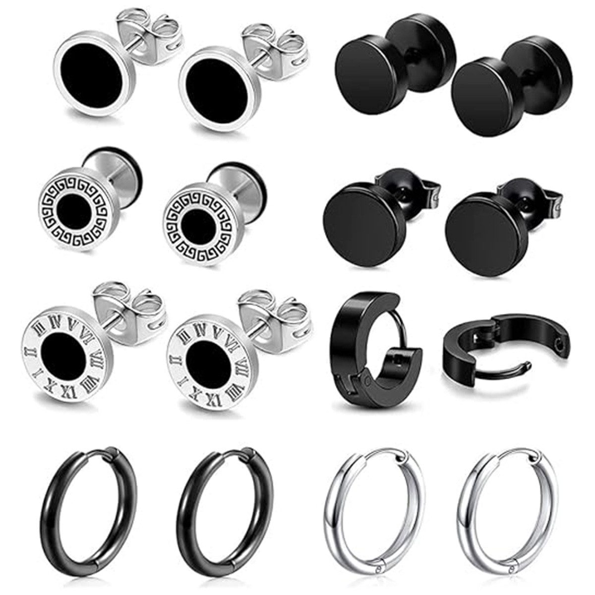Ohrring-Set 8 Paar Herren Ohrringe Schwarz, Edelstahl Ohrstecker hypoallergen