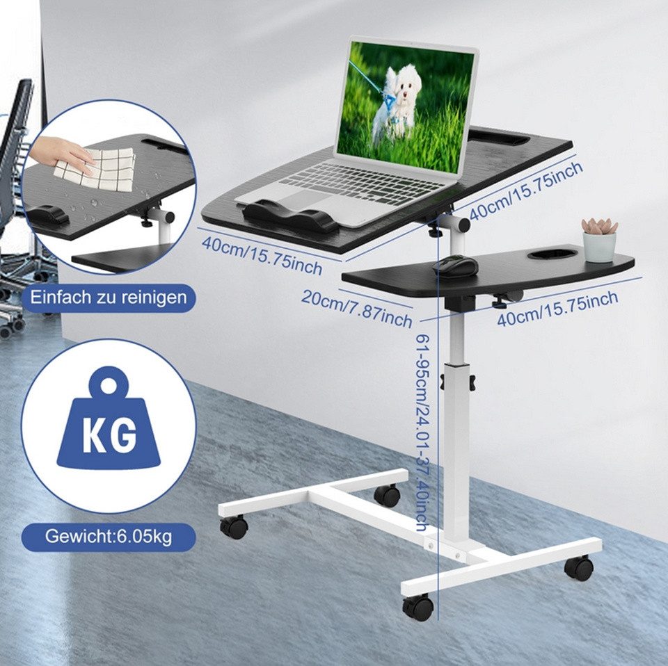 JEOBEST Computertisch Laptoptisch,Mobiler Beistelltisch Pflegetisch Höhenverstellbar 61-95cm, Laptopständer Holz mit Tablet Steckplatz, Stopperleisten+Becherhalter