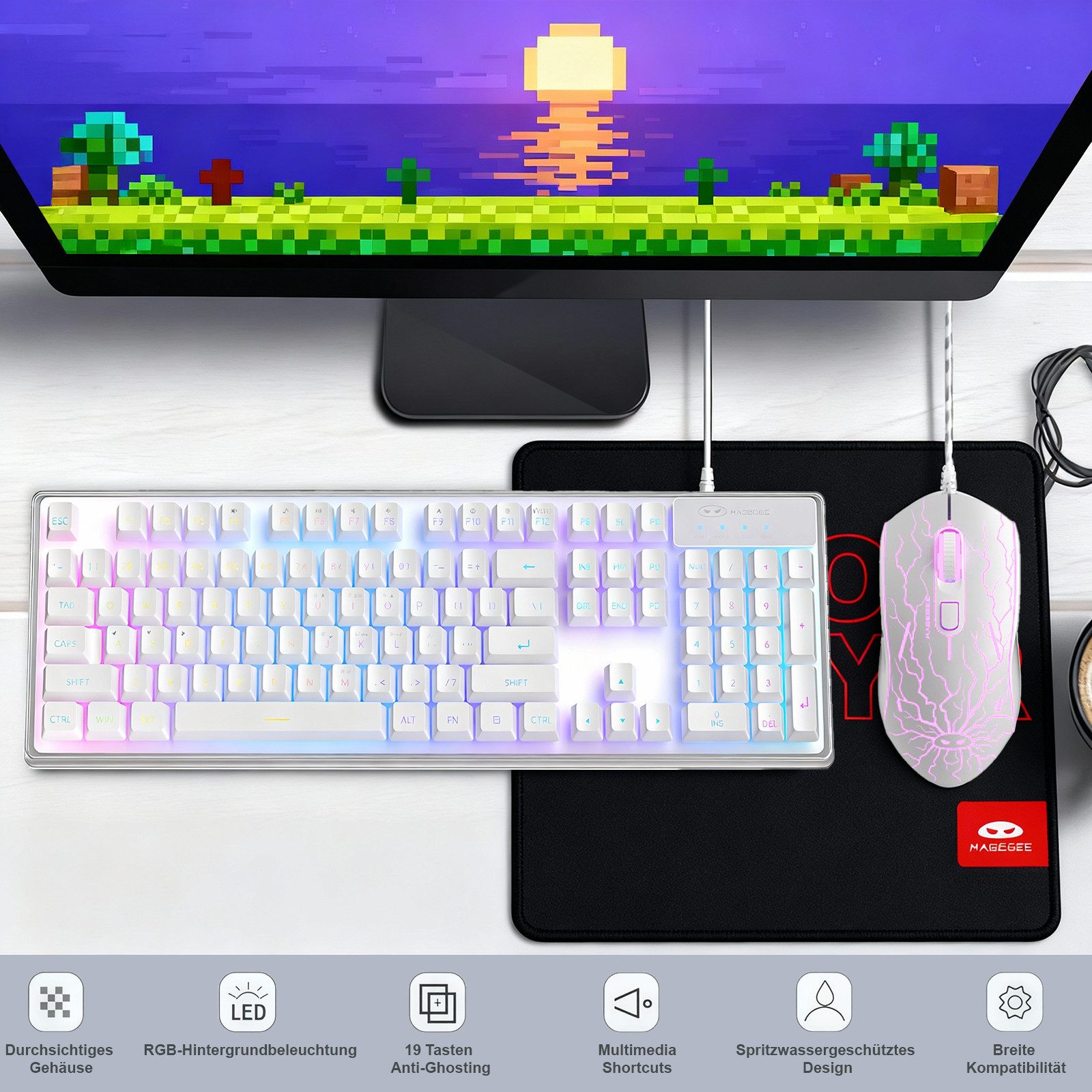 Novzep RGB Tastatur-Maus-Set Kabelgebundene, 104 Tasten, 3200 DPI Tastatur- und Maus-Set, (Mauspad,RGB Gaming Bundle Tastatur Anti-Ghosting), Plug & Play ergonomisch, USB Kabel RGB Beleuchtung