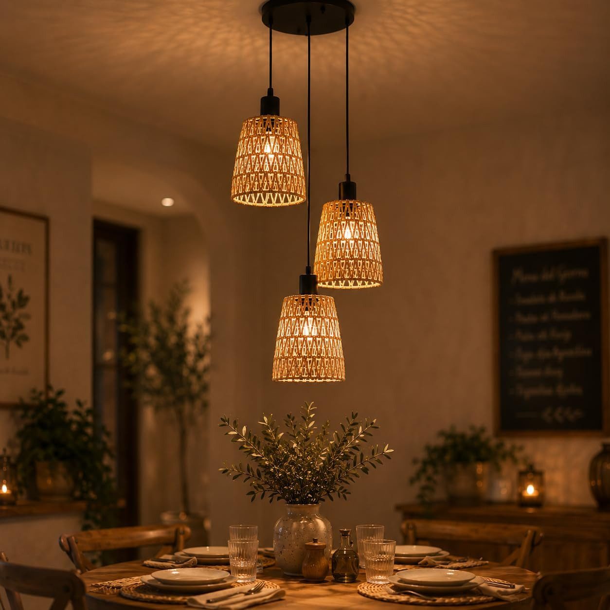 Nettlife Pendelleuchte Boho Rattan Hängelampe Retro höhenverstellbar 1/3 flammige E27, Höhenverstellbar, ohne Leuchtmittel, ob Schlafzimmer Flur Esszimmer Dachboden Küche