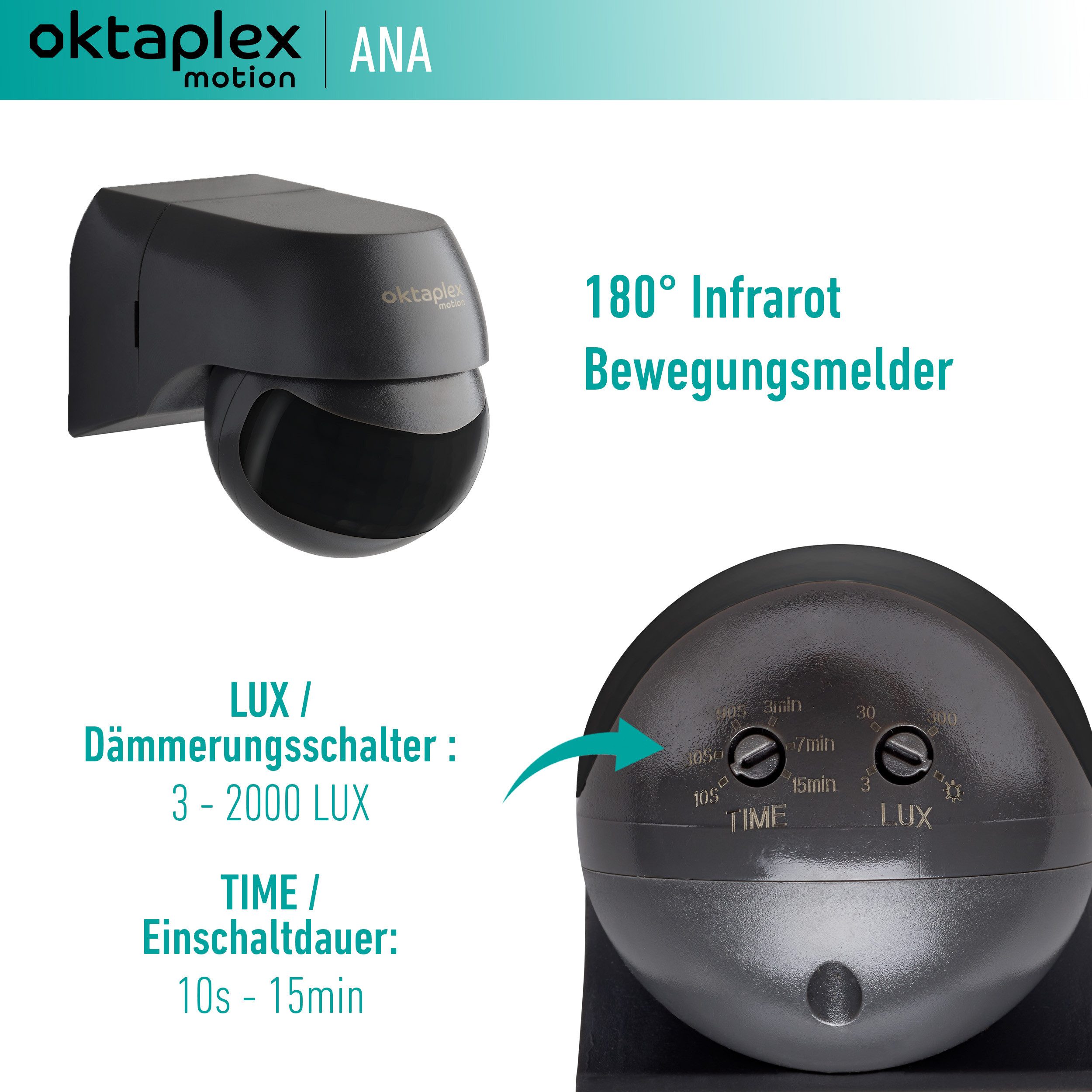 Oktaplex motion Bewegungsmelder Ana Infrarot Bewegungsmelder Aussen 180 Grad 10 m Aufputz, (1-St), schwenkbar 180° / 10m Reichweite