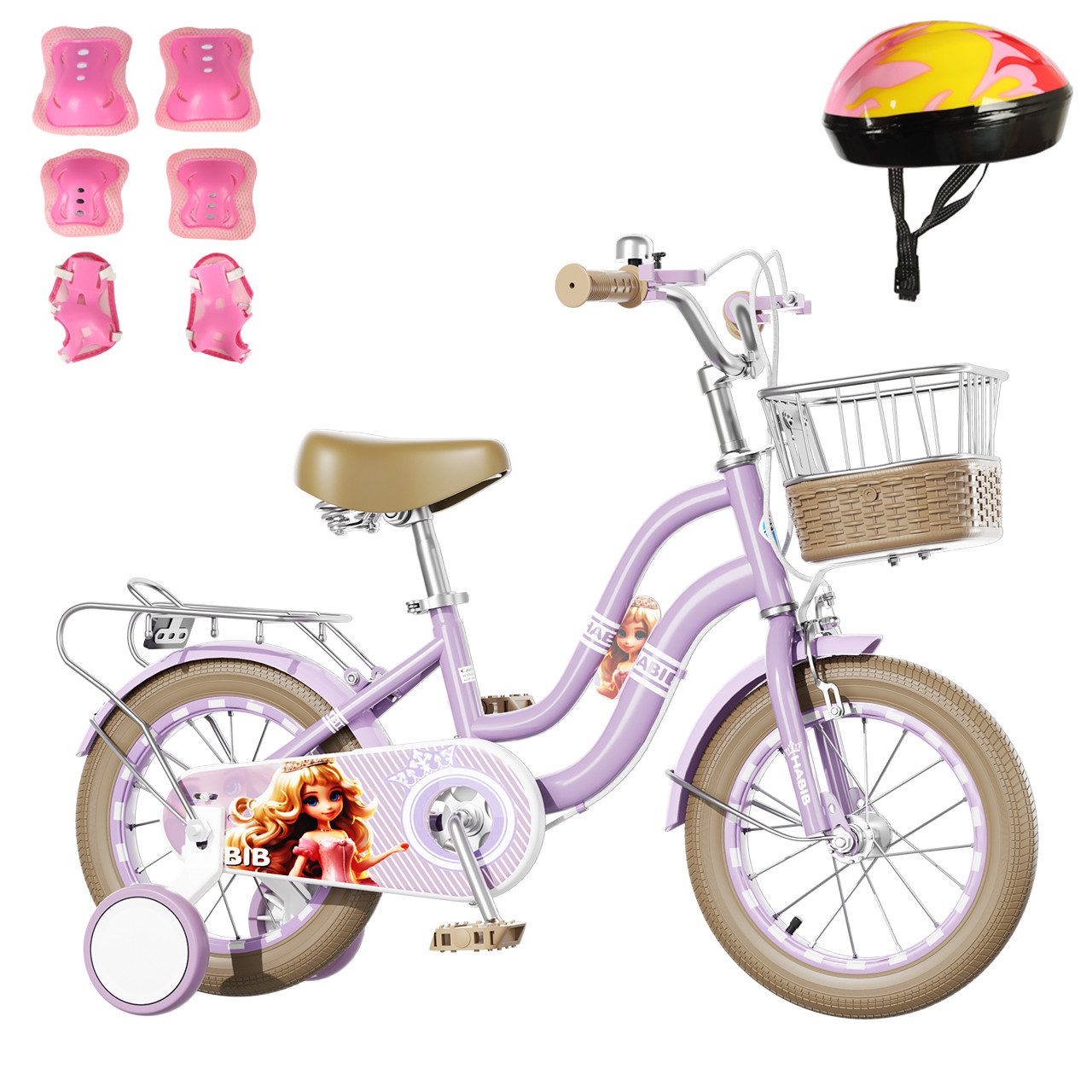 Habib Gruppe Kinderfahrrad Mädchenfahrrad Klassik 12 14 16 Zoll – Helm, Schutzset & Pumpe, Kinderfahrrad Mädchen ab 3 Jahre im Retro-Look mit Korb