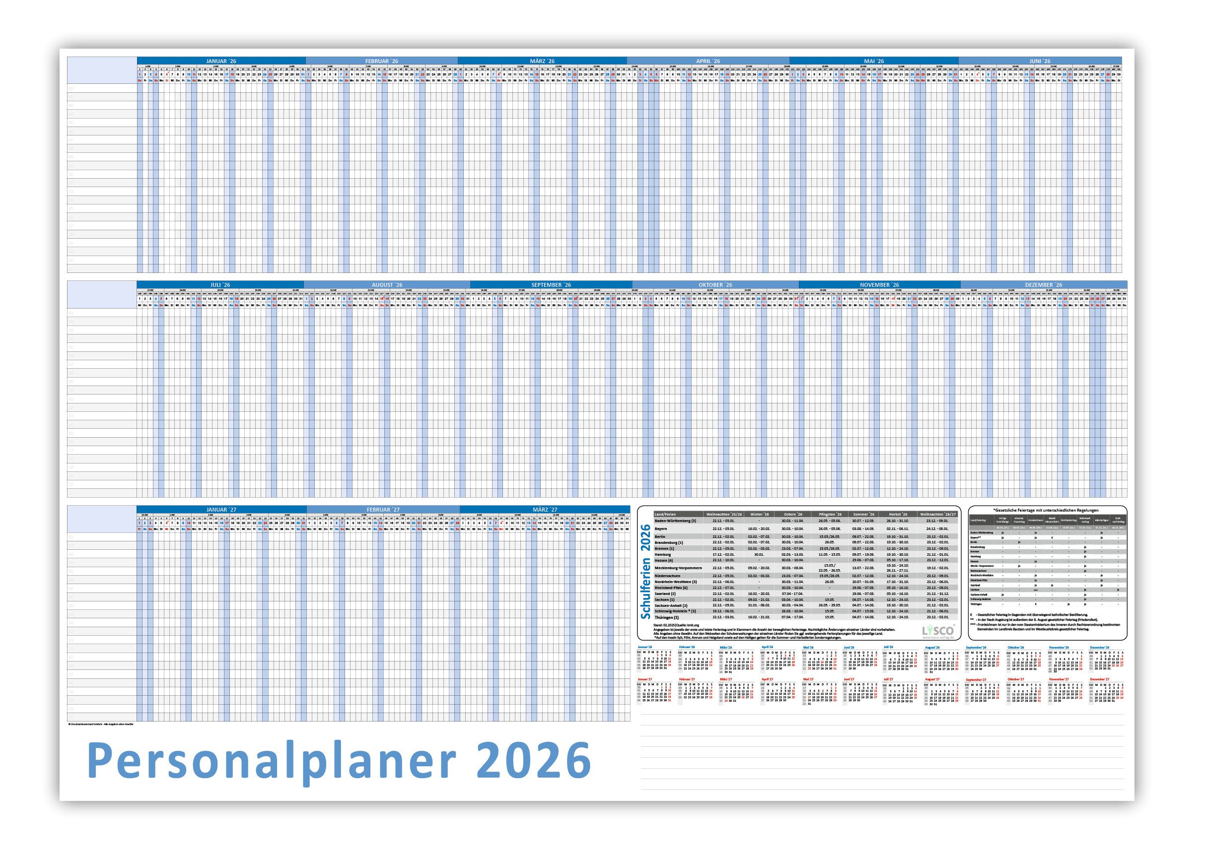LYSCO Urlaubsplaner Personalplaner 2026 DIN B1 Format (1000 x 700 mm) 22 Mitarbeiter, auch im Set 2025 + 2026 erhältlich, 15 Monate bis März Folgejahr