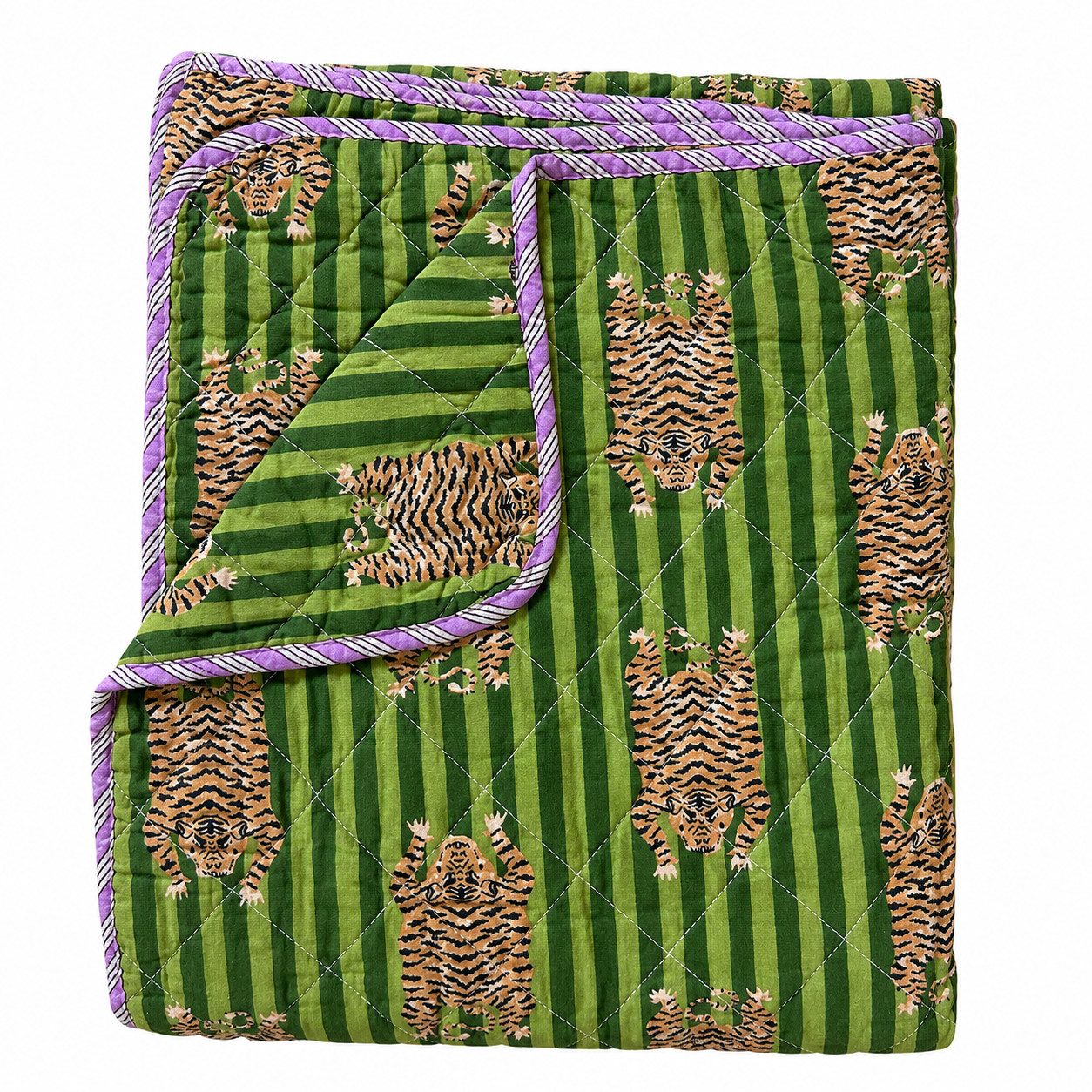 Wohndecke großer Tiger-grün, AU Maison, Quilt-Optik aus Baumwolle 140 × 220 cm