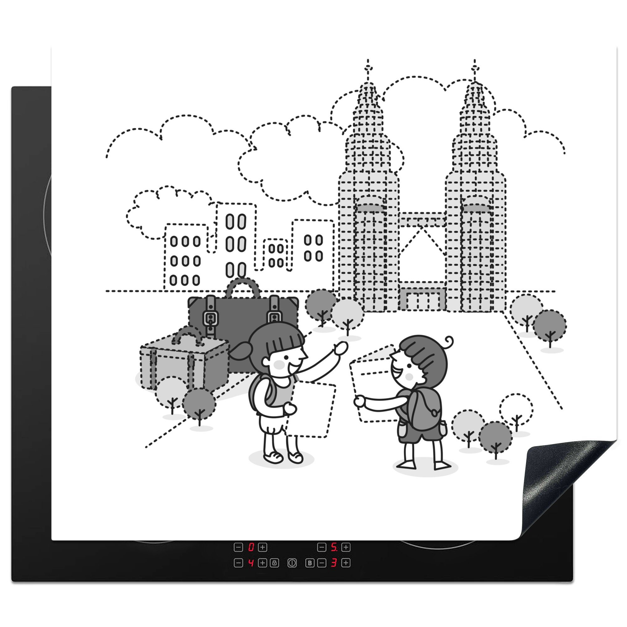 Vinyl, MuchoWow nutzbar, - Towers Illustration Twin Mobile tlg), an (1 Kindern 60x52 Petronas Ceranfeldabdeckung von schwarz, Arbeitsfläche Herdblende-/Abdeckplatte cm, den Eine