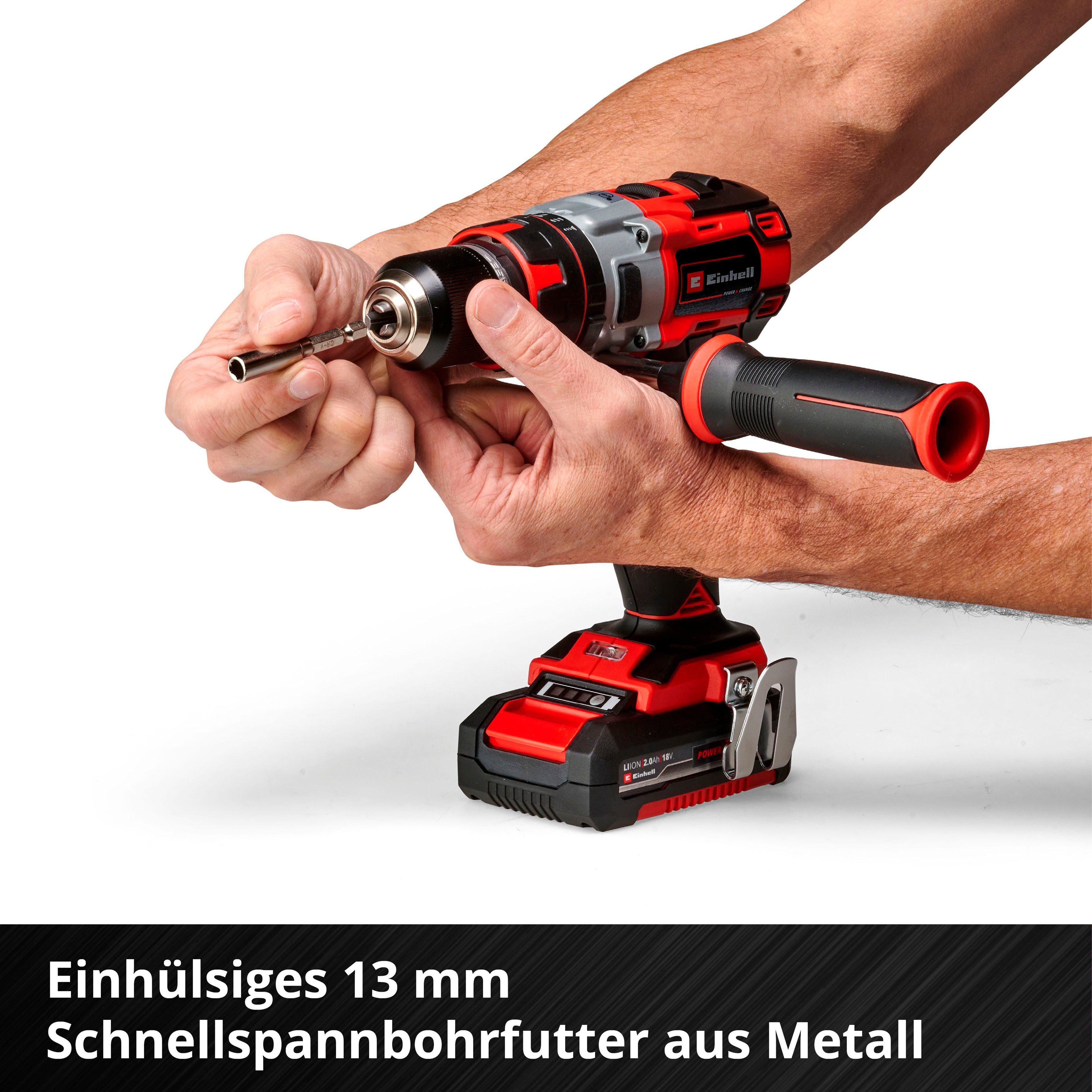 Einhell Akku-Schlagbohrschrauber TE-CD X-Change, 2x Power Li-i BL, 2,0 Ah 1800 18 Ladegerät inkl. U/min, max. und