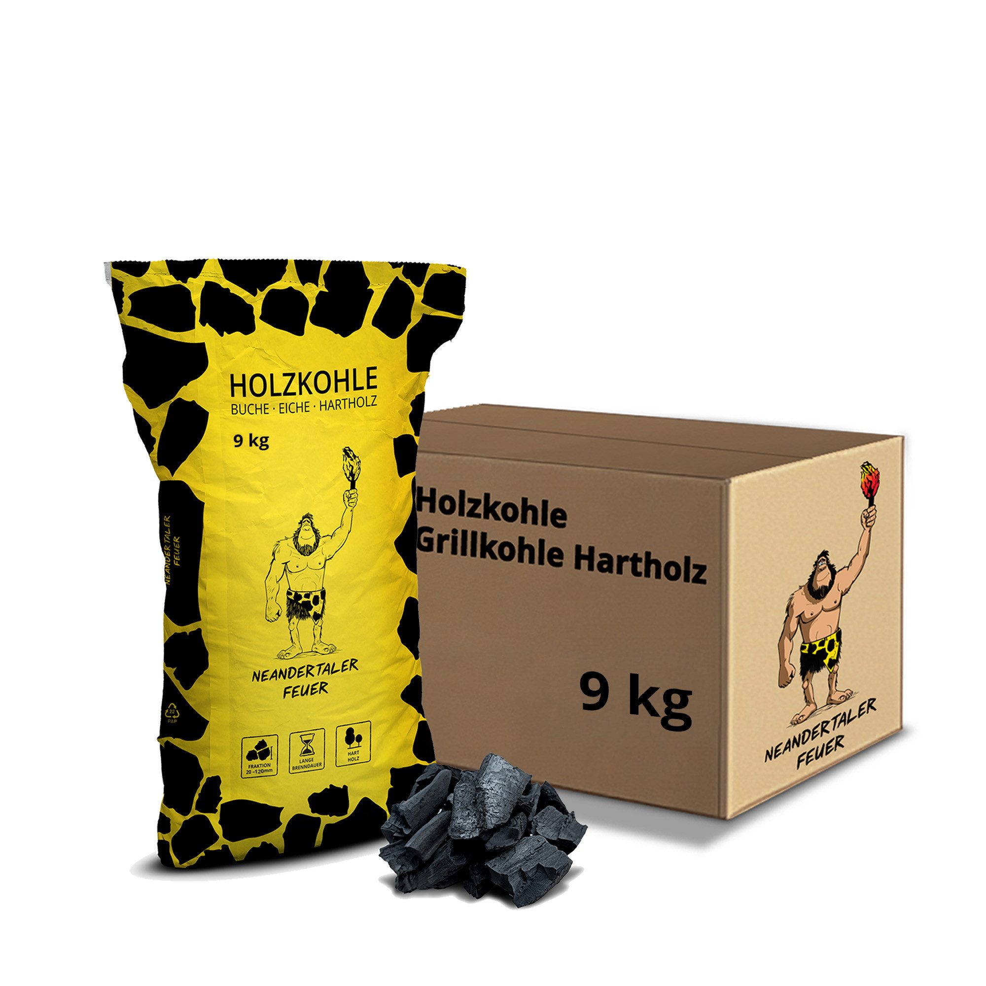Neandertaler Feuer Holzkohle Grillkohle Kohle für Grill BBQ Smoker Charcoal Grillholzkohle Buche, 9 kg