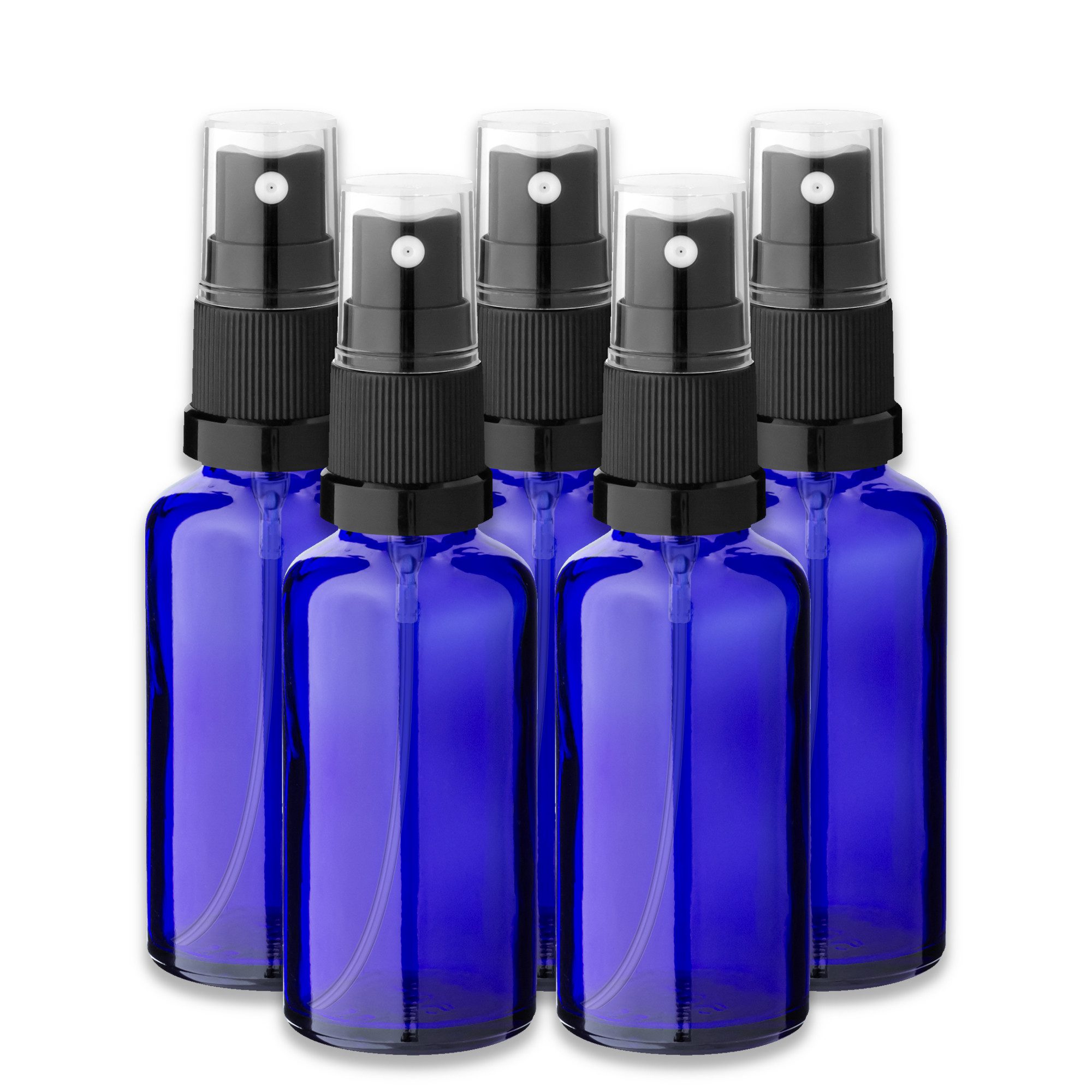 CK Verpackung GmbH Pipettenflasche 5x Blaue Glasflasche 50 ml mit schwarzem Zerstäuber Sprükopf Pumpspray