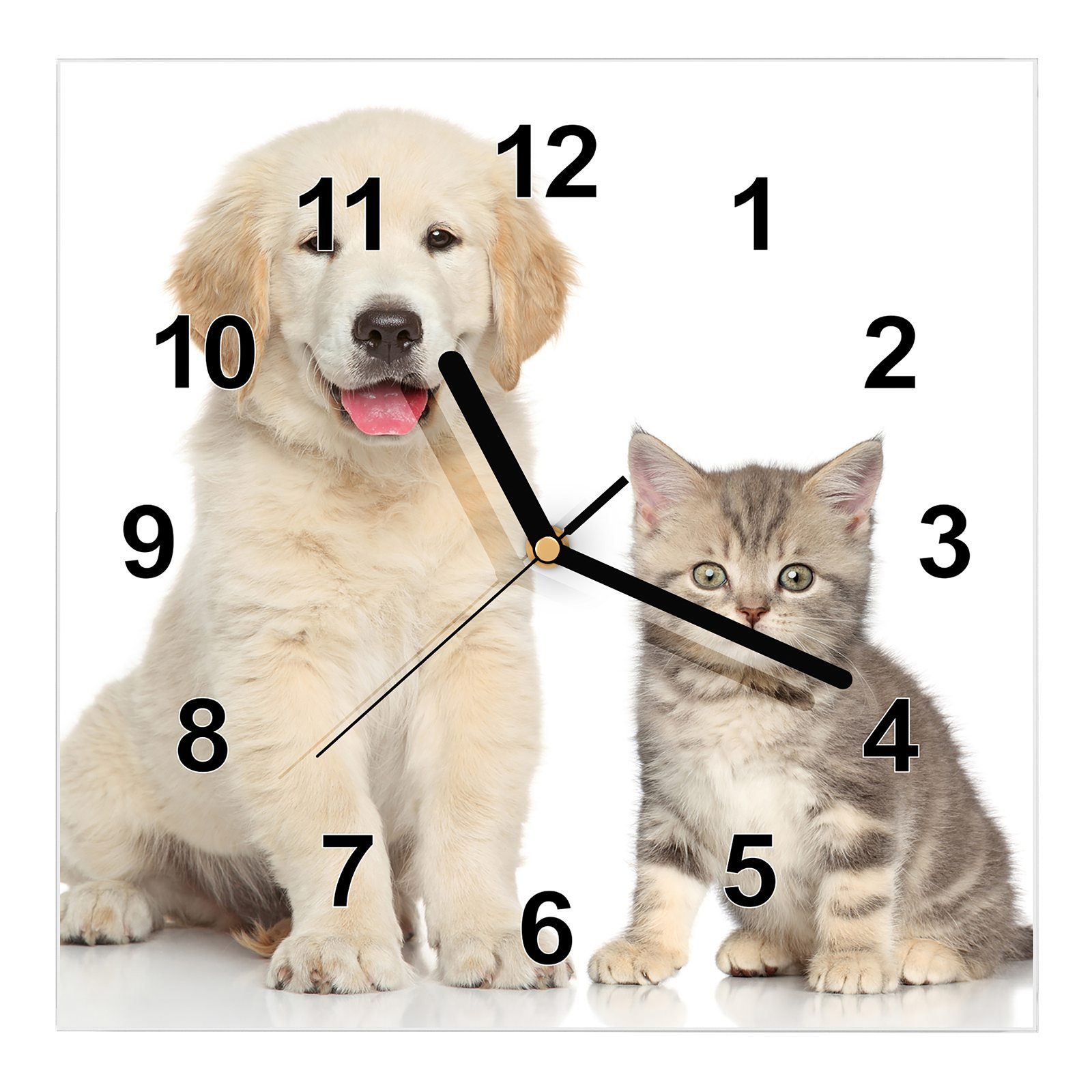 Primedeco Wanduhr Glasuhr Wanduhr Wandkunst Größe 30 x 30 cm mit Motiv Hund und Katze